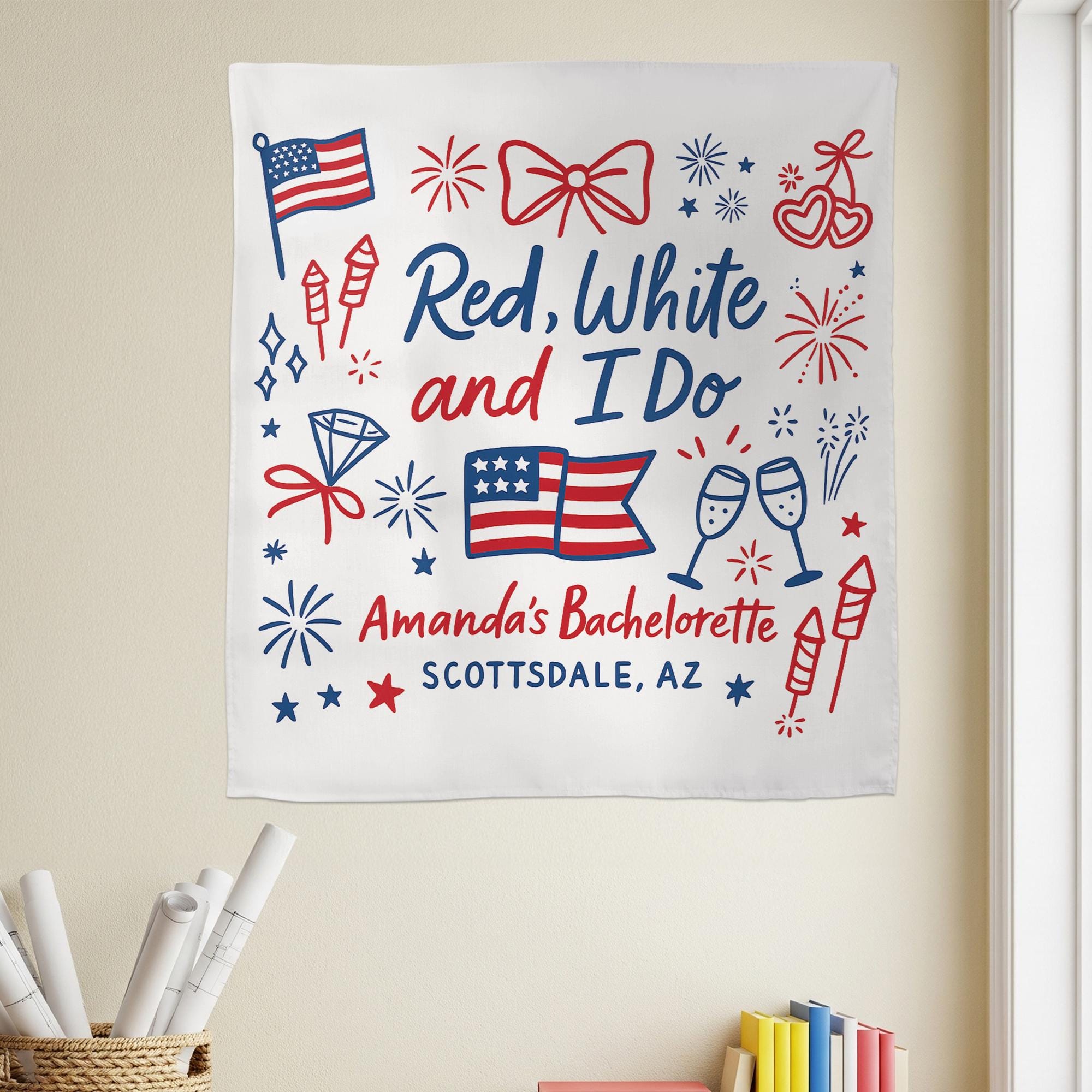 Red White and I Do Bachelorette Party Tapestry, 4th of July Bridal Shower Decor, Personalized USA Bride Tapestry, USA Bridal Shower Banner