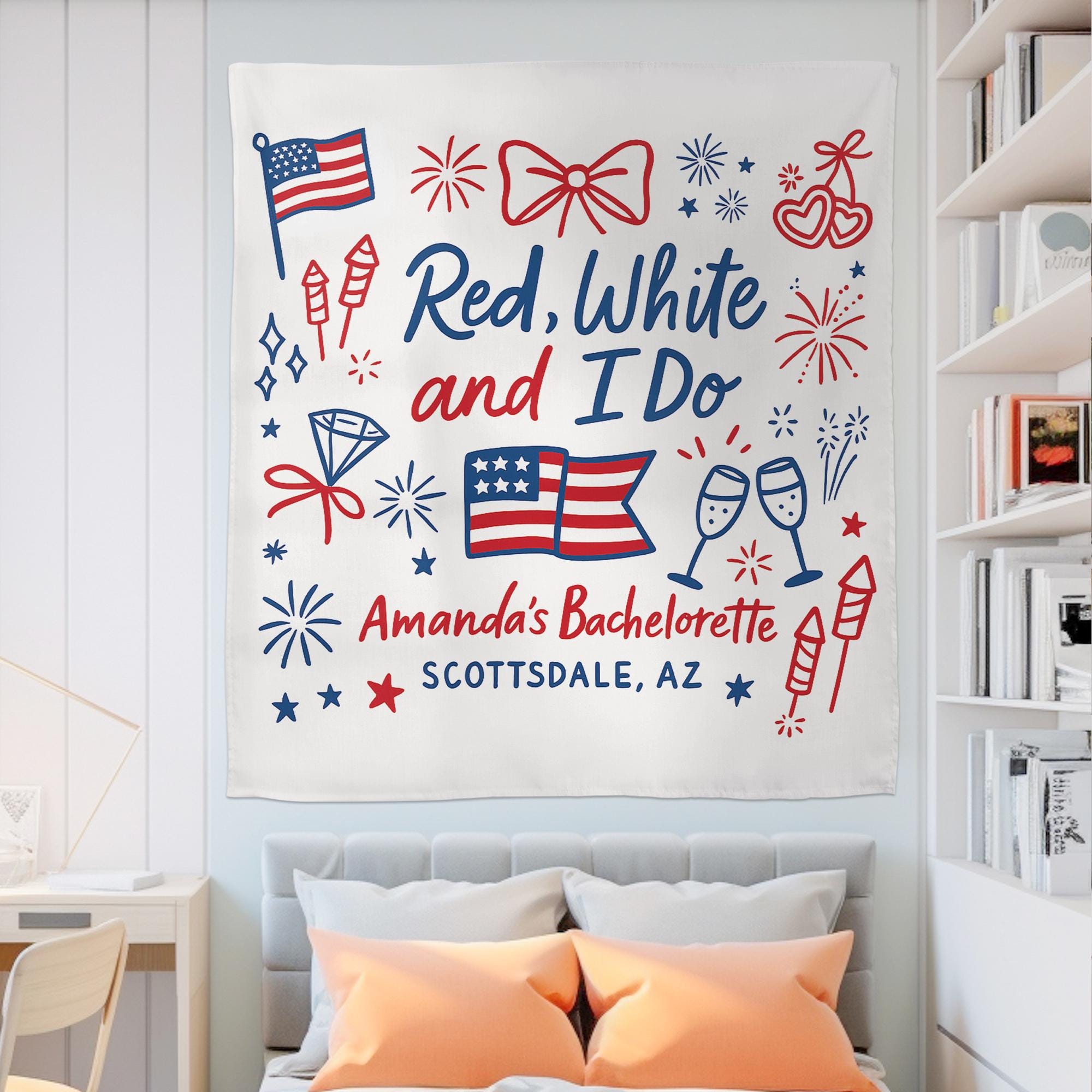 Red White and I Do Bachelorette Party Tapestry, 4th of July Bridal Shower Decor, Personalized USA Bride Tapestry, USA Bridal Shower Banner