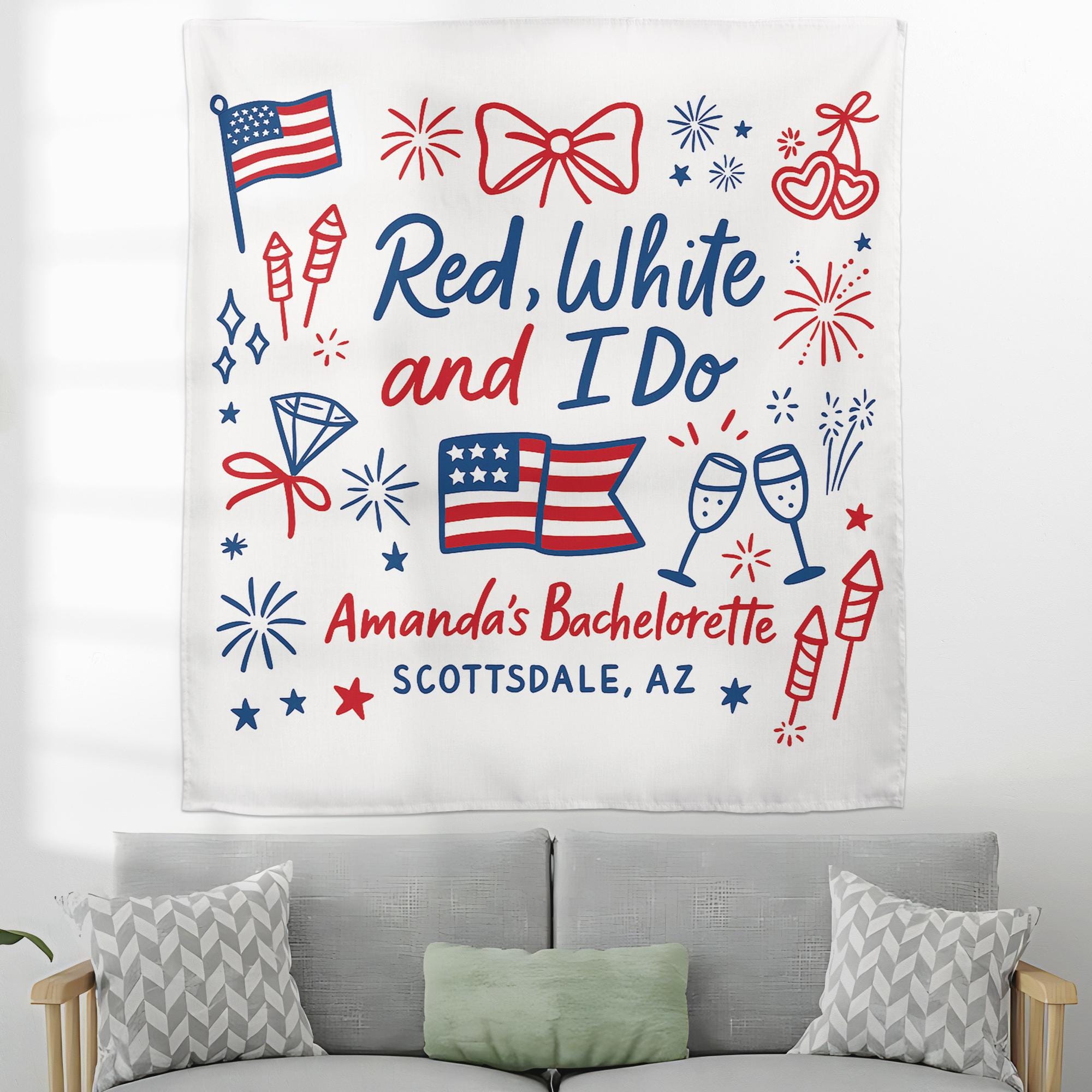Red White and I Do Bachelorette Party Tapestry, 4th of July Bridal Shower Decor, Personalized USA Bride Tapestry, USA Bridal Shower Banner