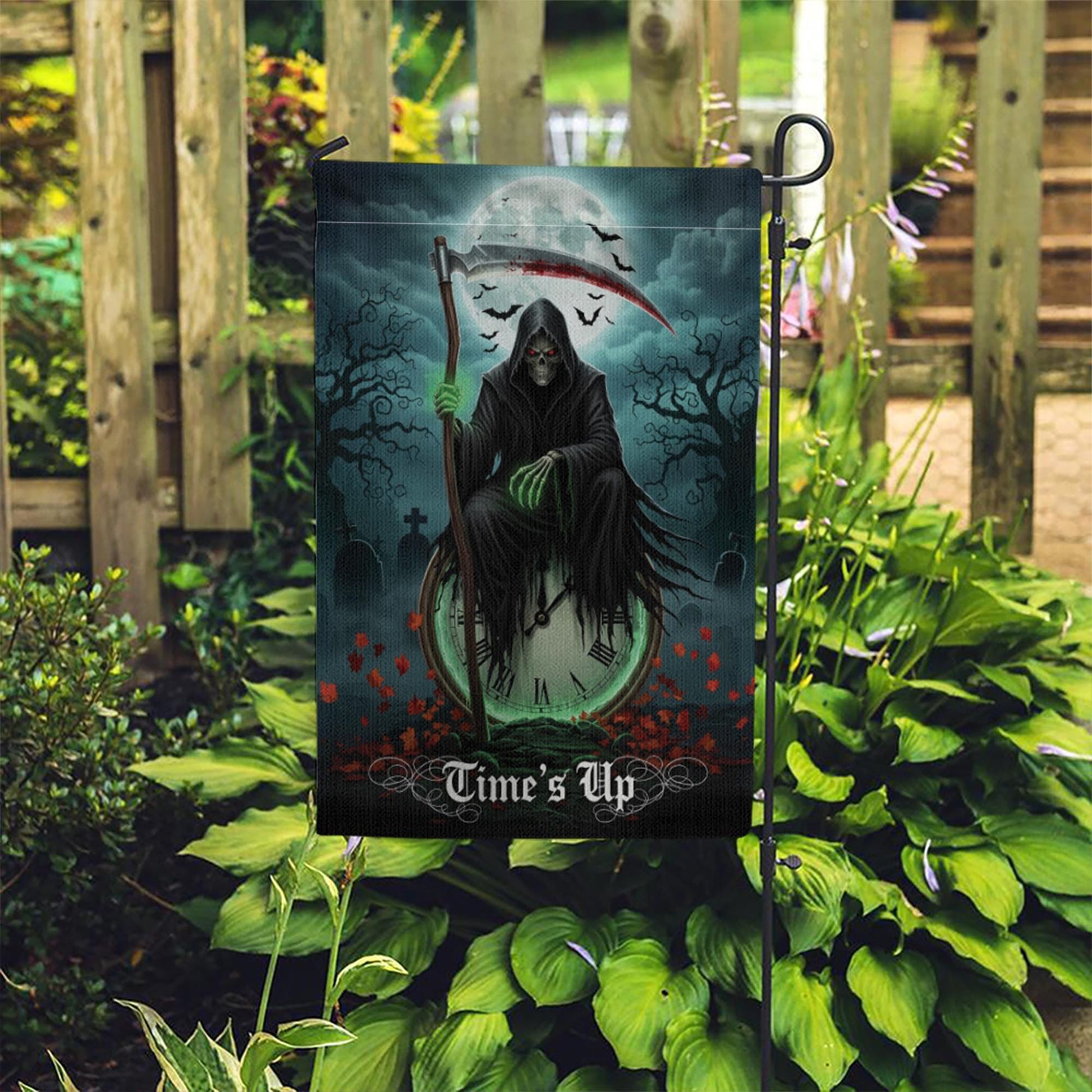 Grim Reaper Garden Flag – “Time’s Up” Halloween Yard Decor, Spooky Skeleton Flag, Scary Outdoor Decoration, Gothic Horror Lawn Sign