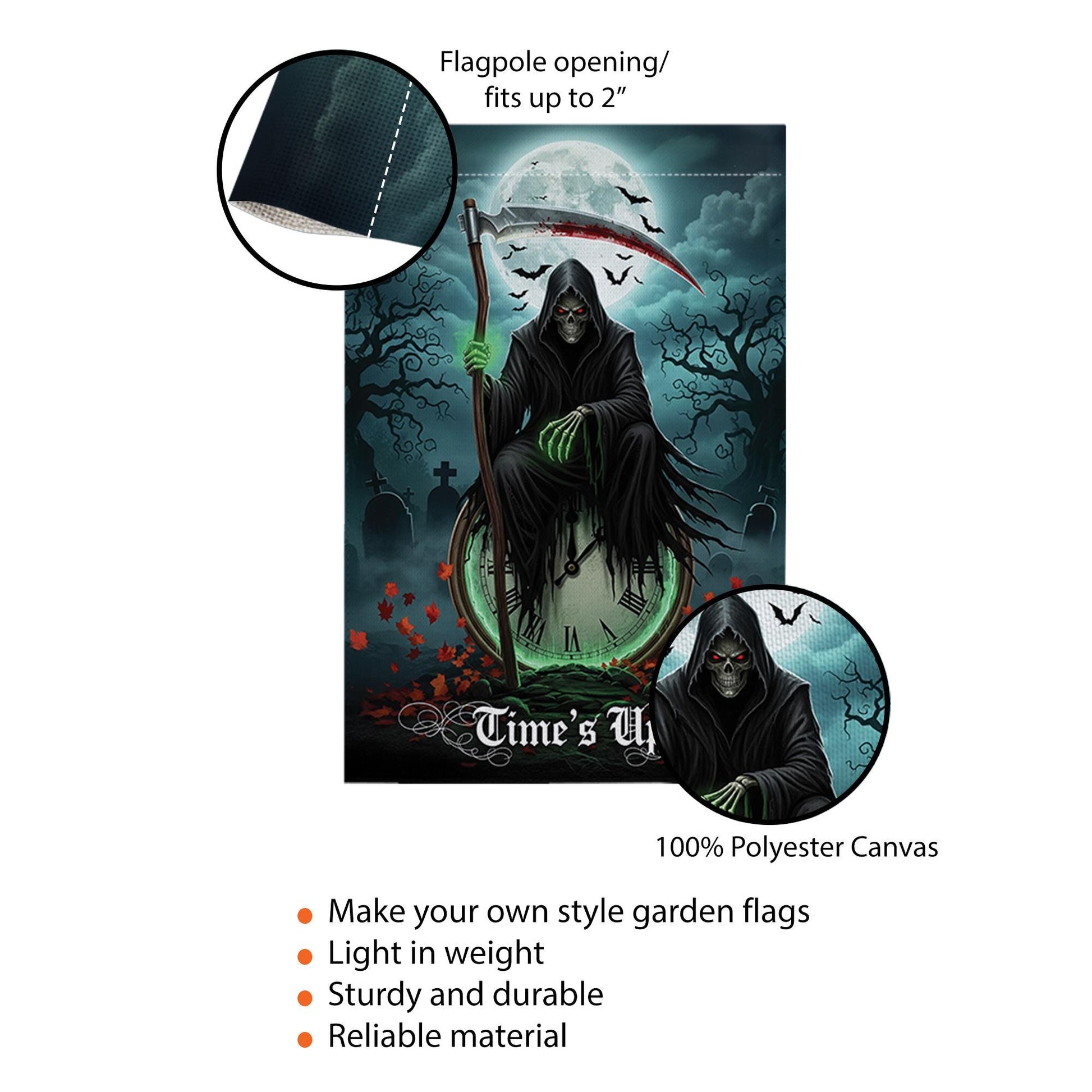 Grim Reaper Garden Flag – “Time’s Up” Halloween Yard Decor, Spooky Skeleton Flag, Scary Outdoor Decoration, Gothic Horror Lawn Sign