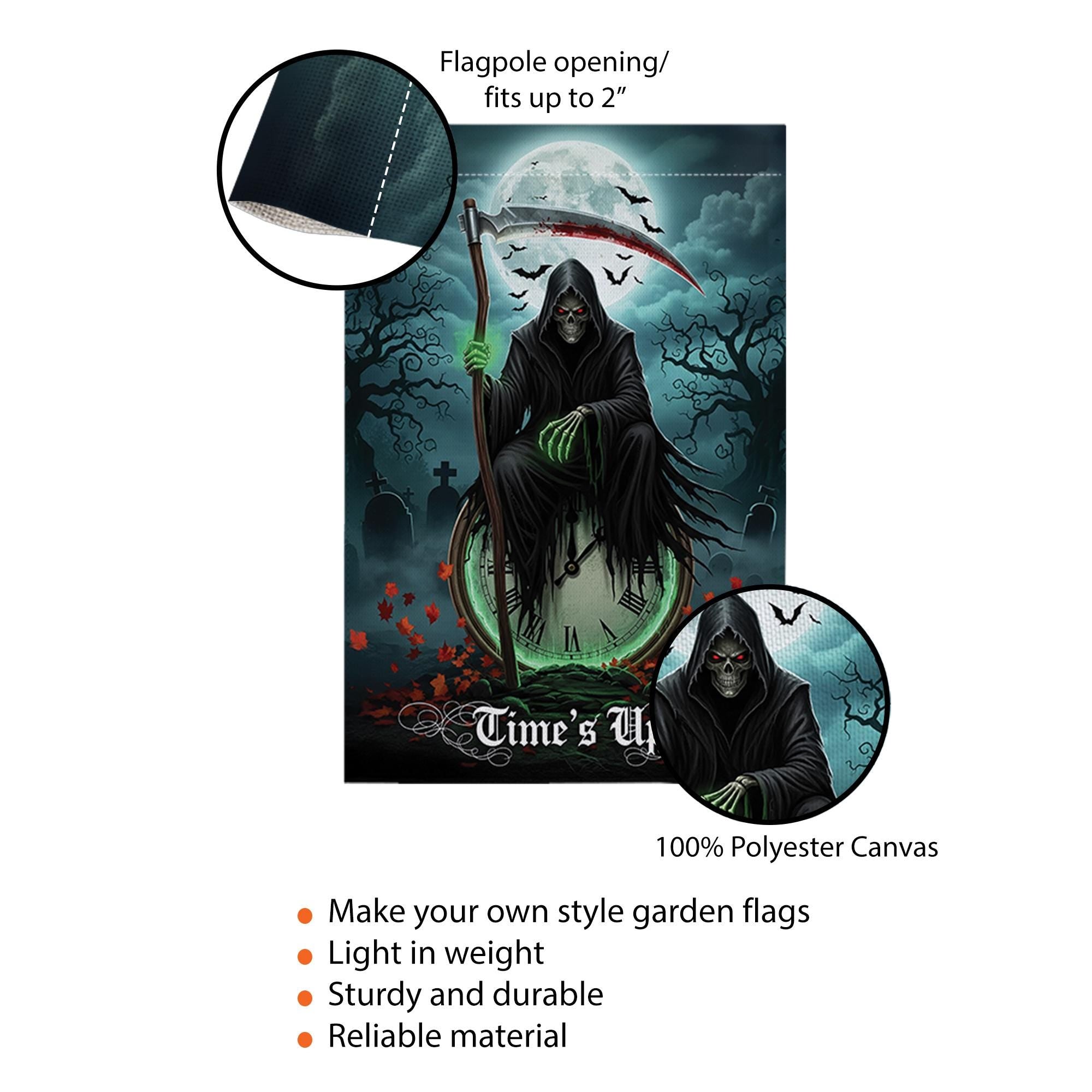 Grim Reaper Garden Flag – “Time’s Up” Halloween Yard Decor, Spooky Skeleton Flag, Scary Outdoor Decoration, Gothic Horror Lawn Sign