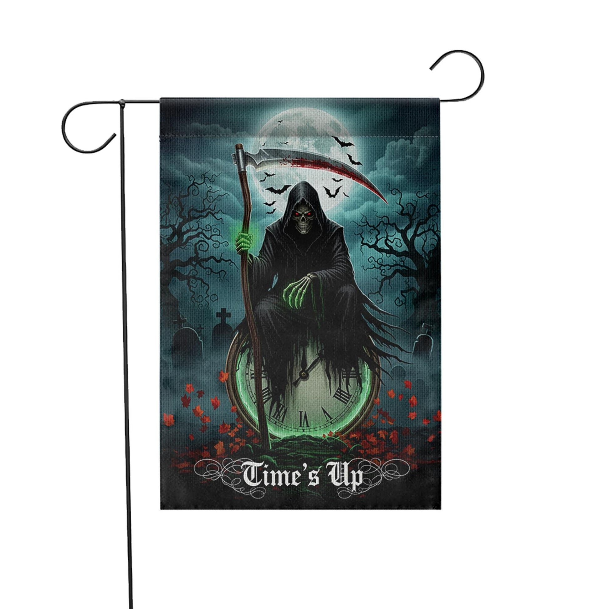 Grim Reaper Garden Flag – “Time’s Up” Halloween Yard Decor, Spooky Skeleton Flag, Scary Outdoor Decoration, Gothic Horror Lawn Sign