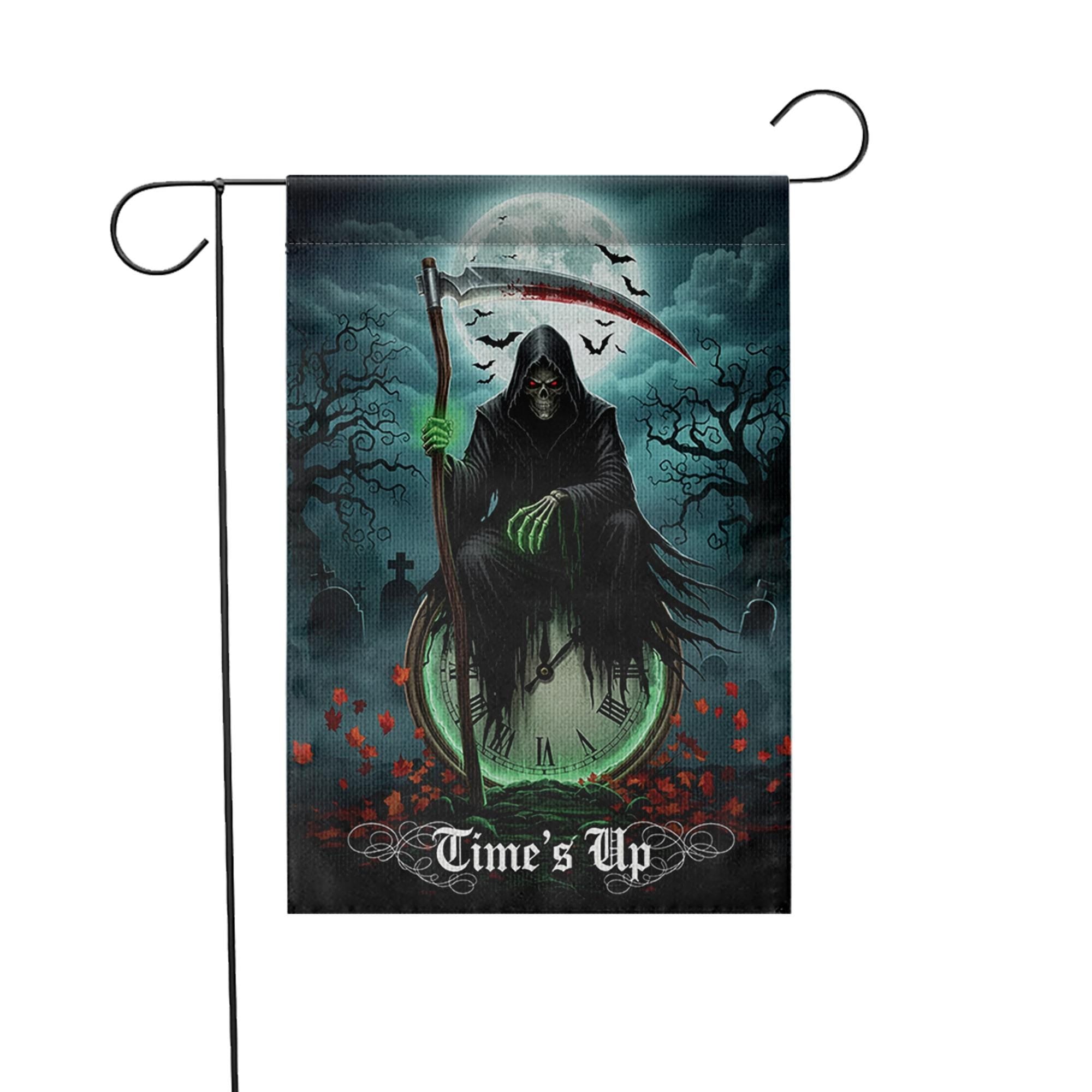 Grim Reaper Garden Flag – “Time’s Up” Halloween Yard Decor, Spooky Skeleton Flag, Scary Outdoor Decoration, Gothic Horror Lawn Sign