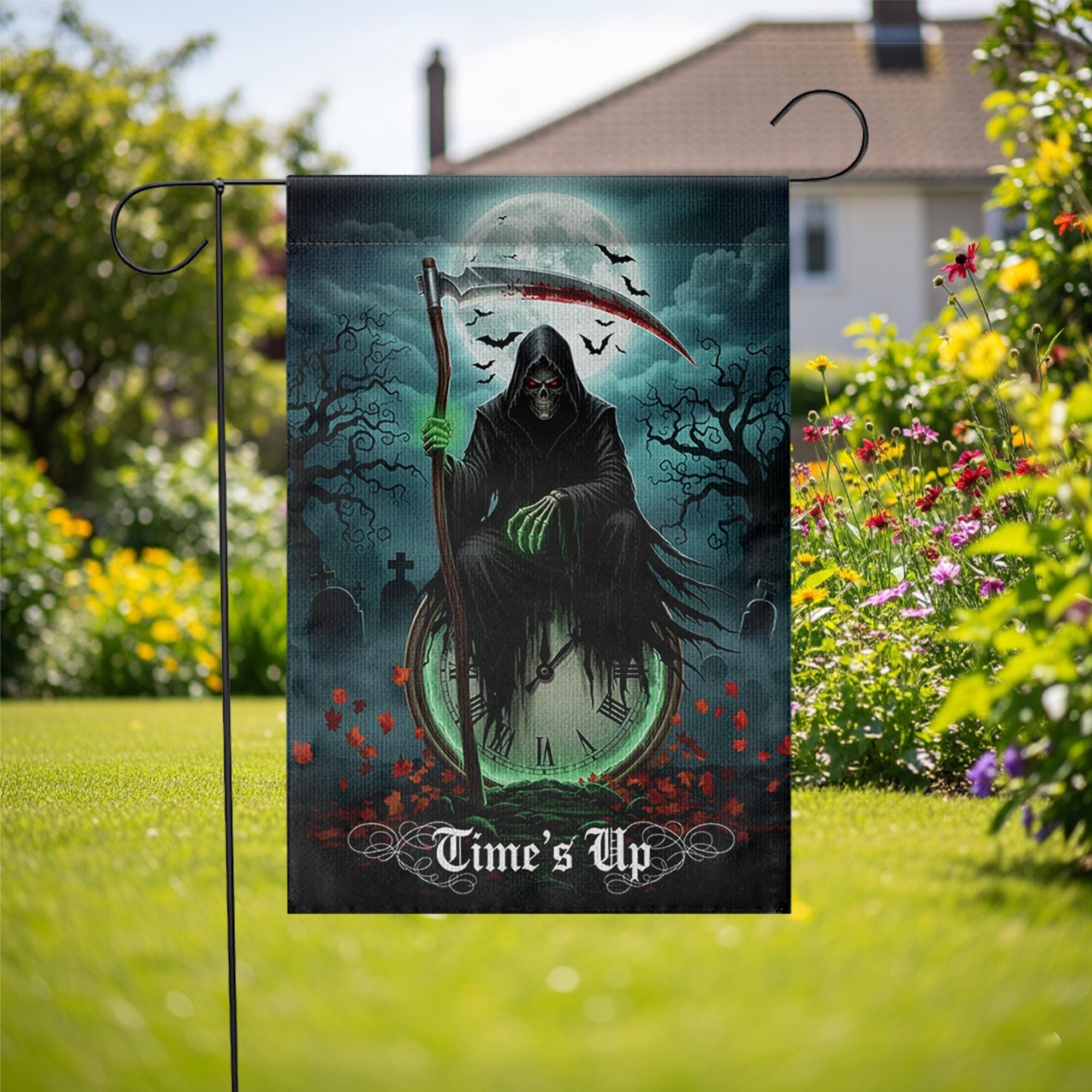 Grim Reaper Garden Flag – “Time’s Up” Halloween Yard Decor, Spooky Skeleton Flag, Scary Outdoor Decoration, Gothic Horror Lawn Sign