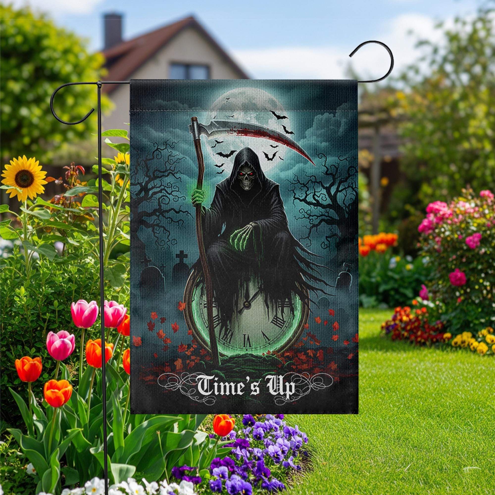 Grim Reaper Garden Flag – “Time’s Up” Halloween Yard Decor, Spooky Skeleton Flag, Scary Outdoor Decoration, Gothic Horror Lawn Sign