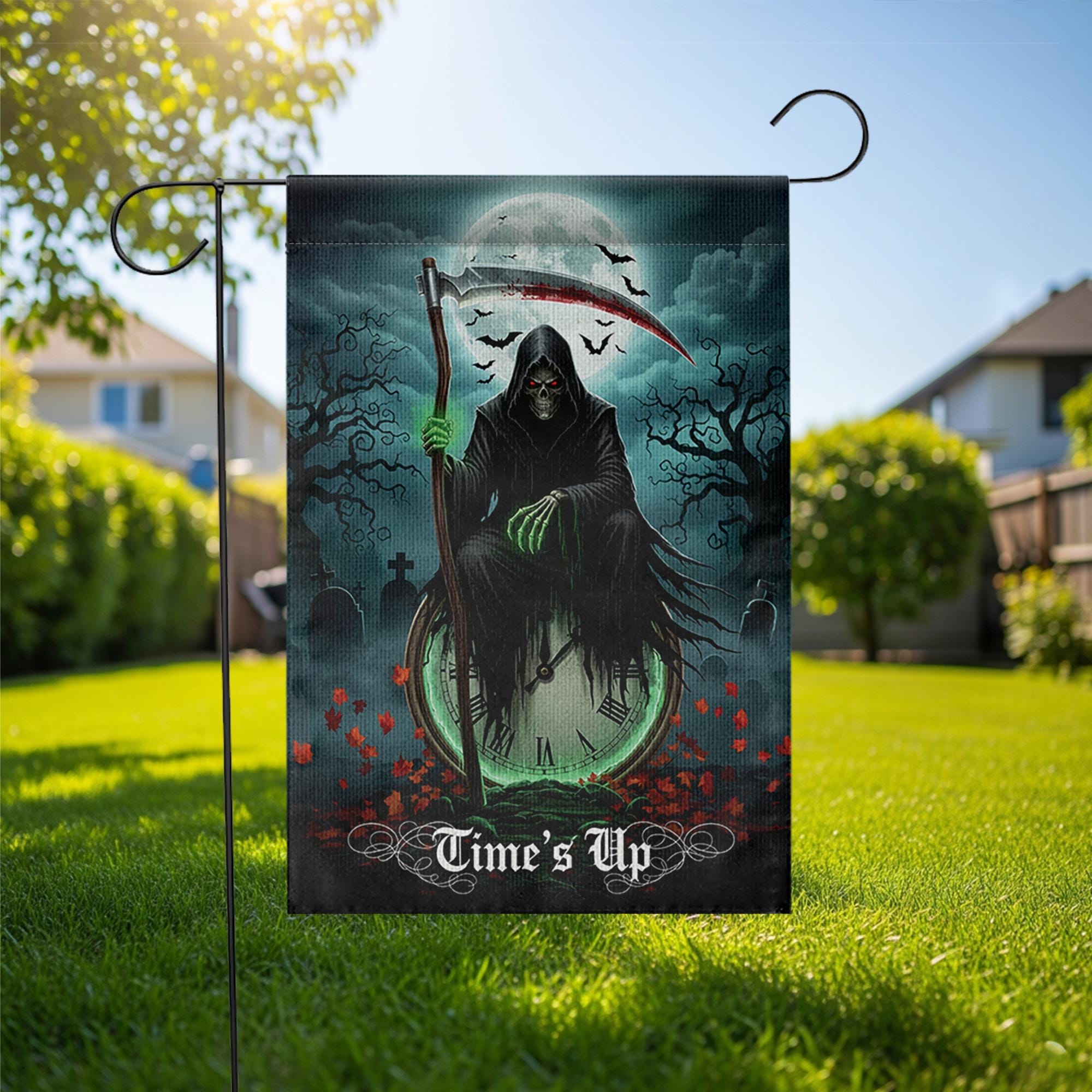 Grim Reaper Garden Flag – “Time’s Up” Halloween Yard Decor, Spooky Skeleton Flag, Scary Outdoor Decoration, Gothic Horror Lawn Sign