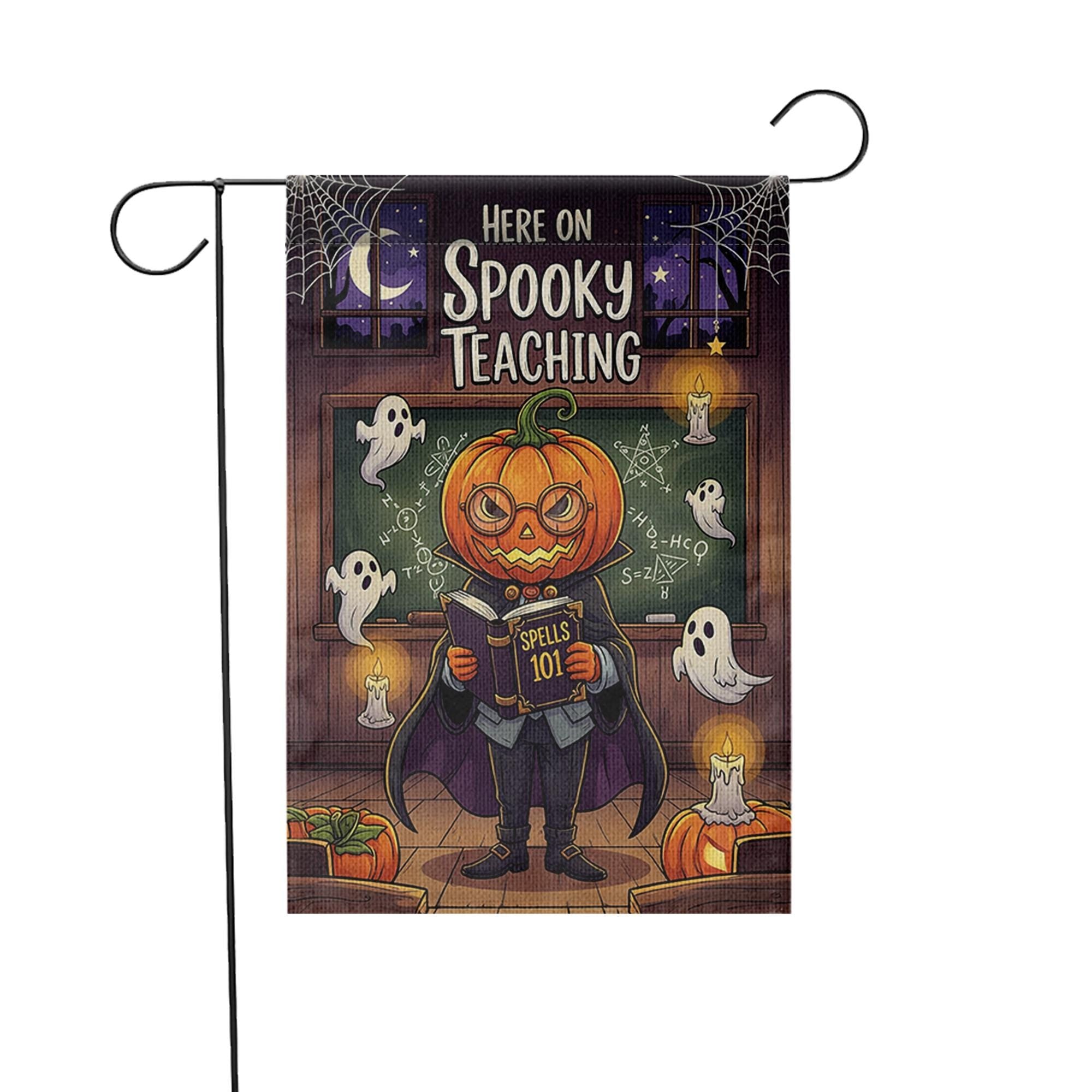 Spooky Teaching Garden Flag – Halloween Teacher Decor, Pumpkin Head School Flag, Funny Classroom Yard Sign, Ghost Math Spell Banner