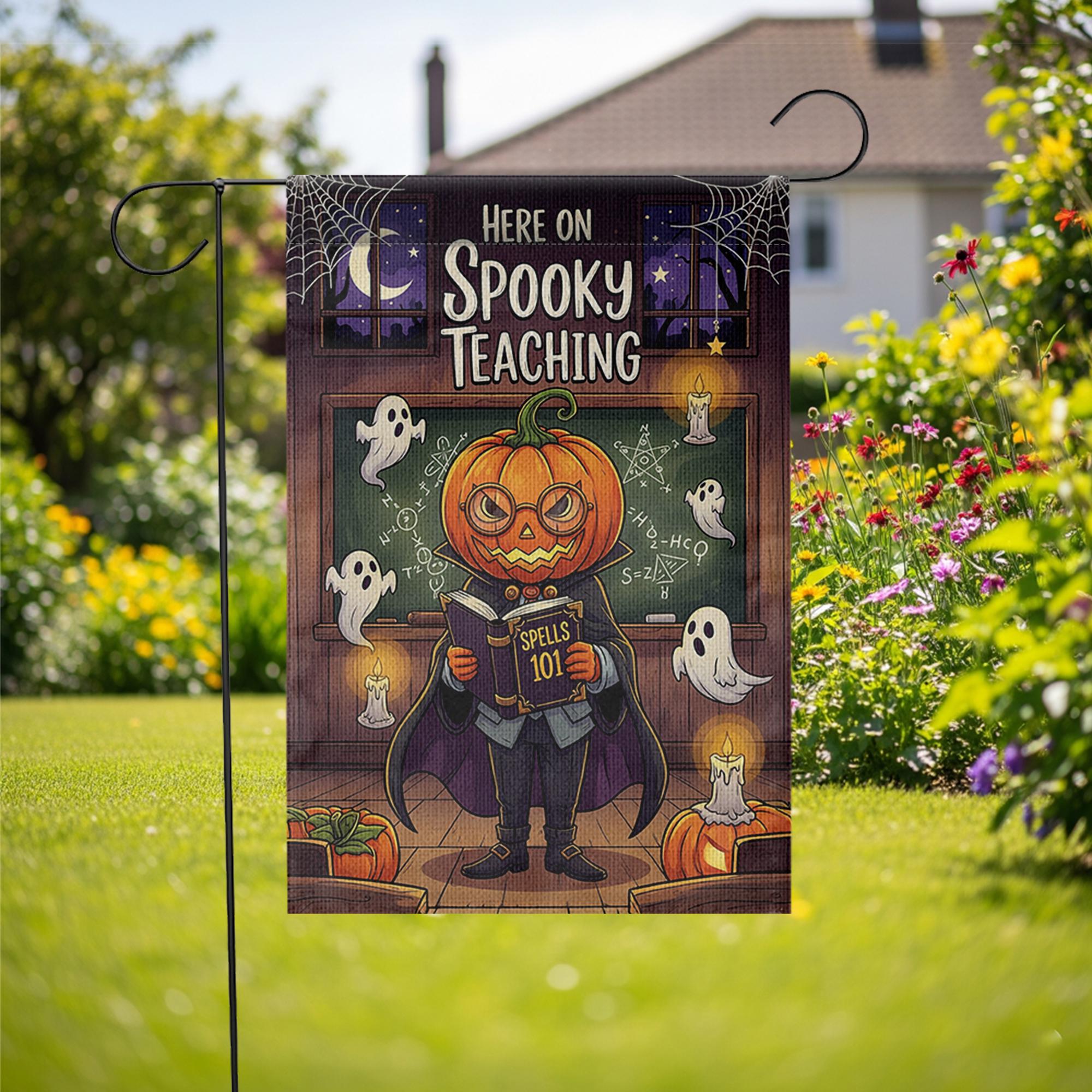 Spooky Teaching Garden Flag – Halloween Teacher Decor, Pumpkin Head School Flag, Funny Classroom Yard Sign, Ghost Math Spell Banner