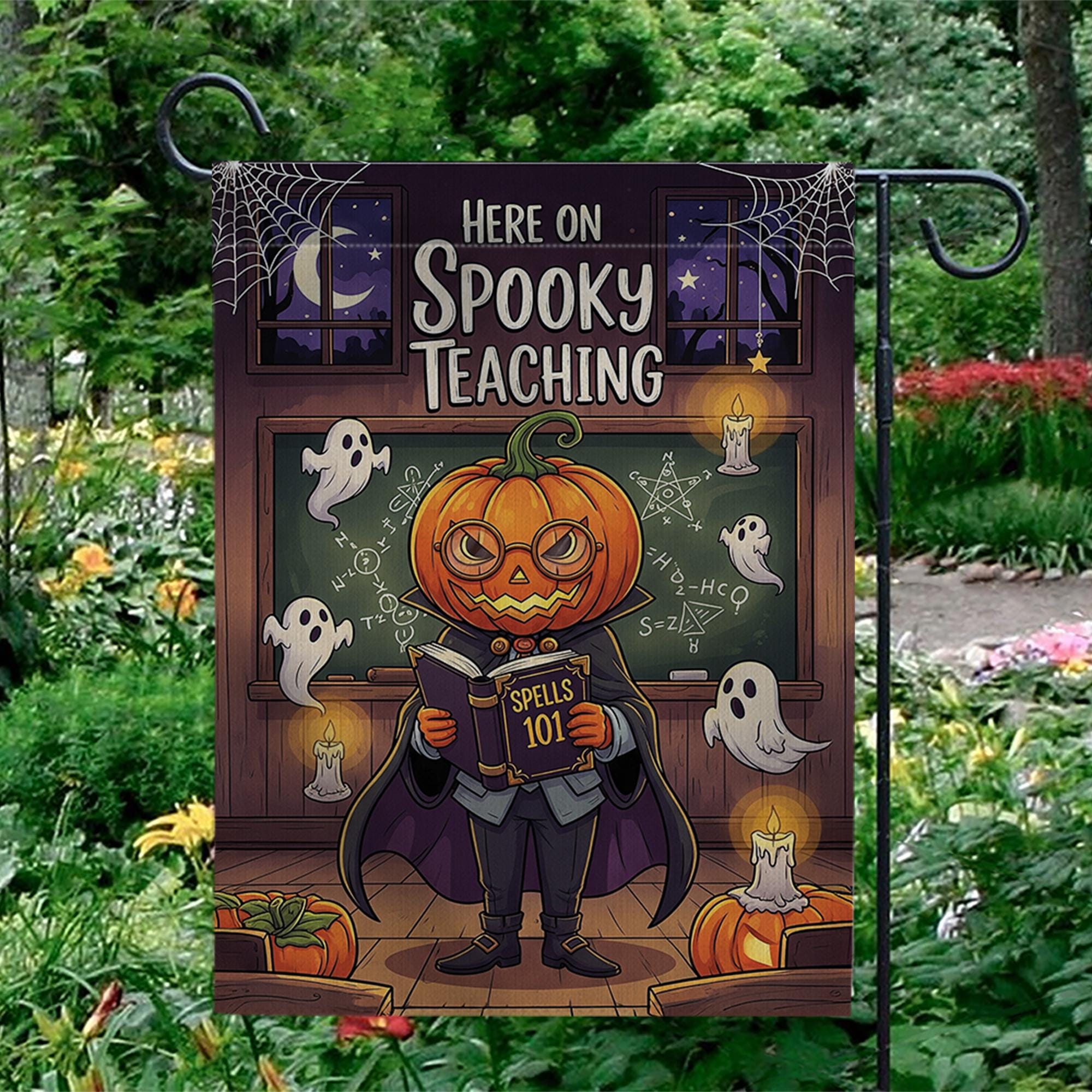 Spooky Teaching Garden Flag – Halloween Teacher Decor, Pumpkin Head School Flag, Funny Classroom Yard Sign, Ghost Math Spell Banner