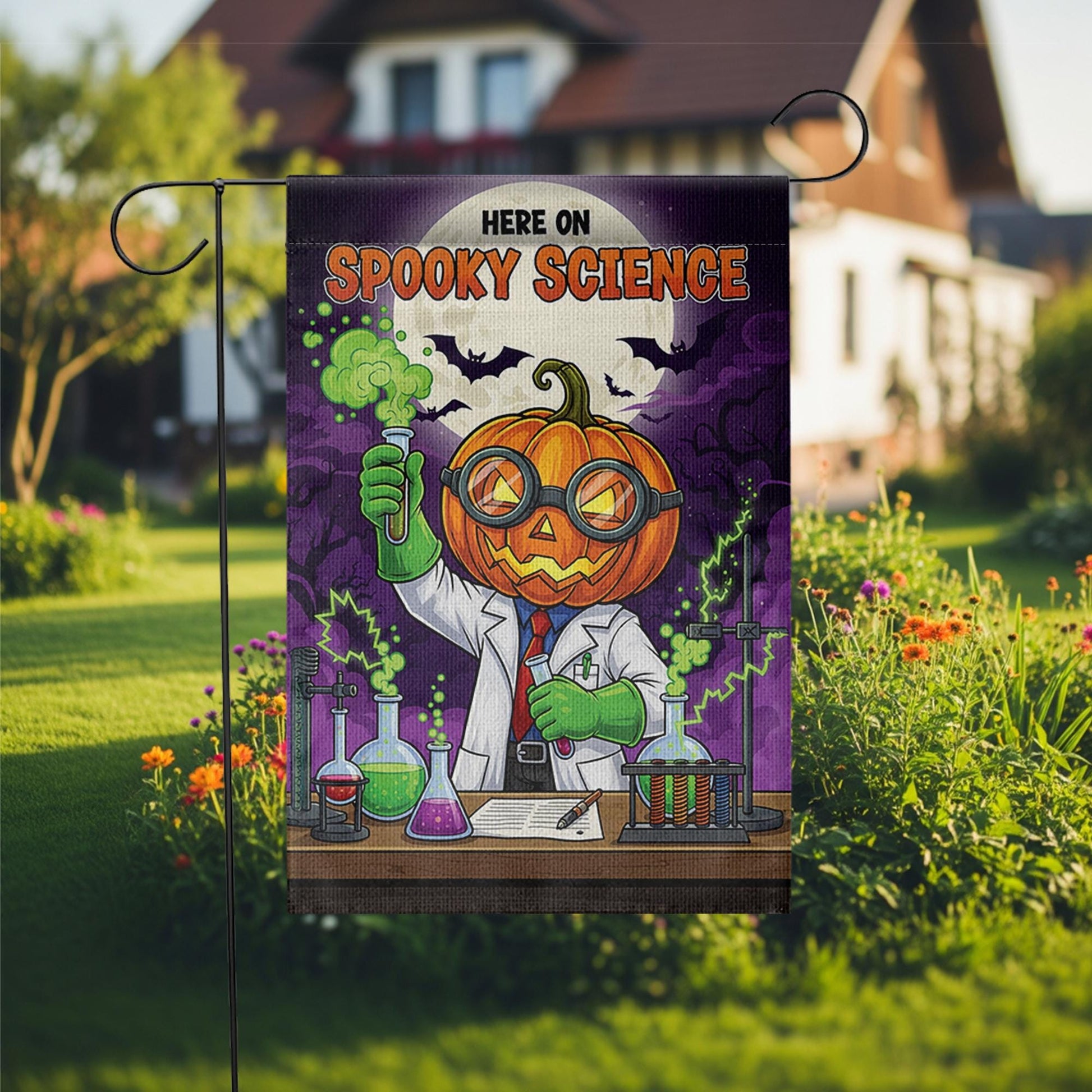 Spooky Science Garden Flag – Halloween Scientist Yard Decor, Pumpkin Head Lab Banner, Funny Chemistry Flag for Teachers & Classrooms