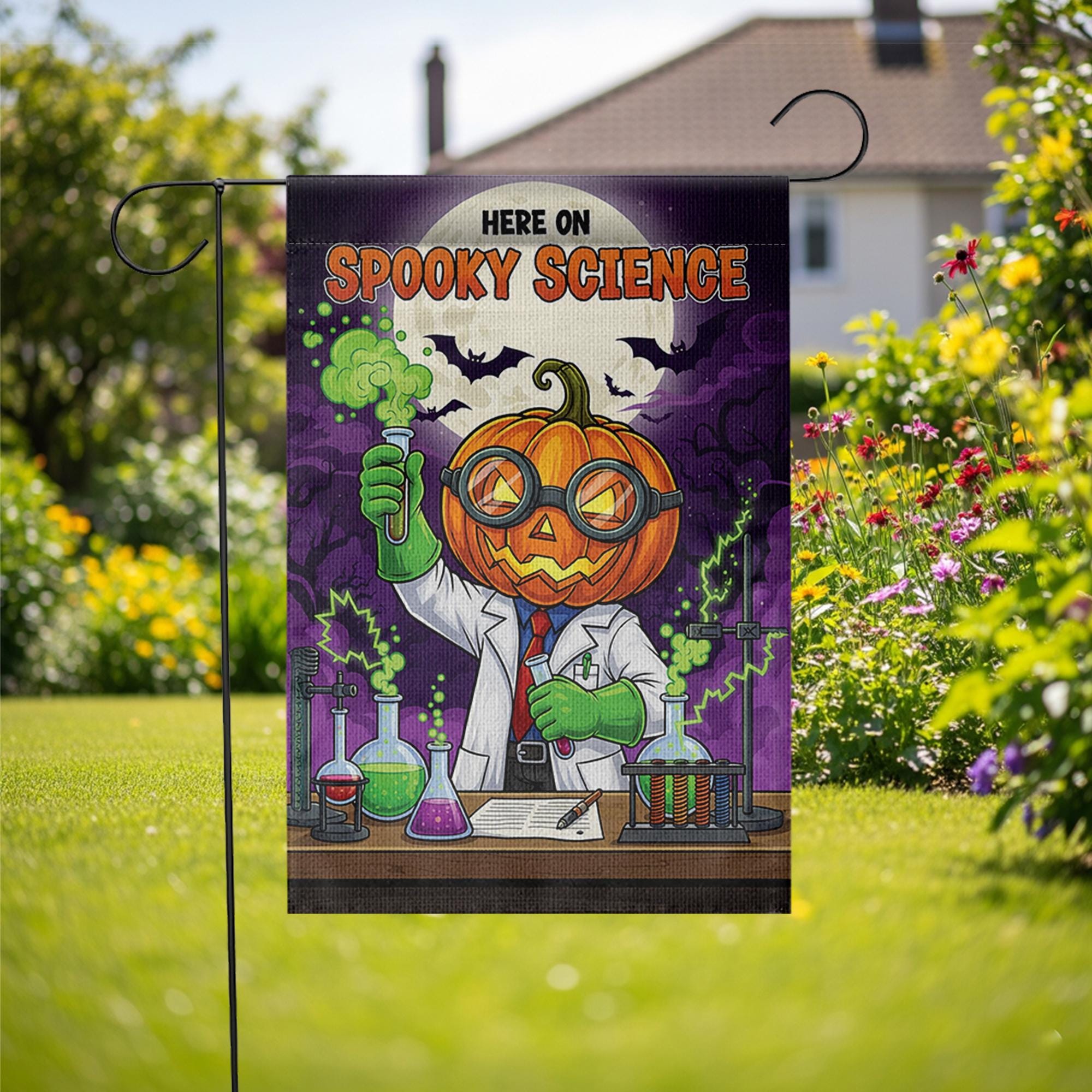 Spooky Science Garden Flag – Halloween Scientist Yard Decor, Pumpkin Head Lab Banner, Funny Chemistry Flag for Teachers & Classrooms