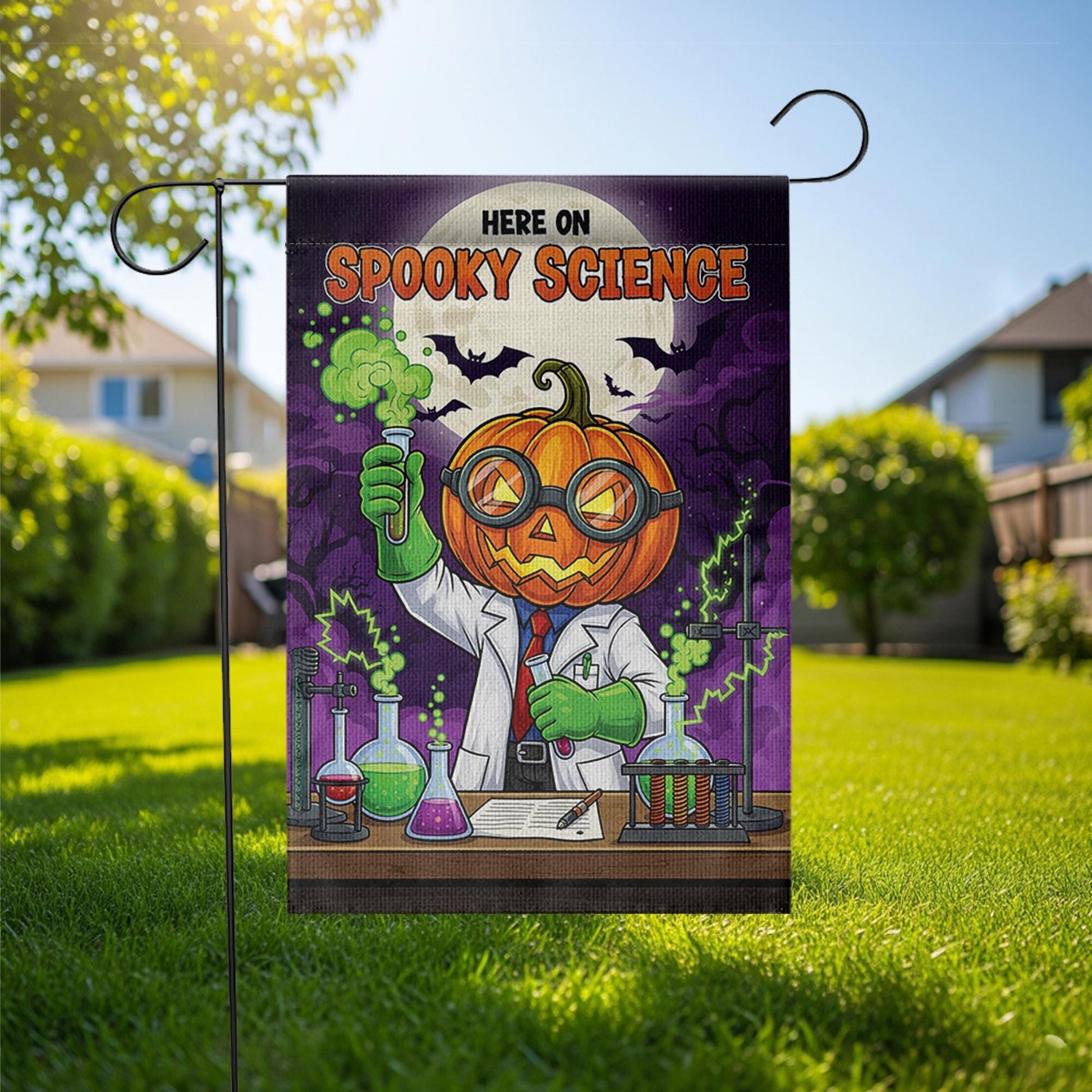 Spooky Science Garden Flag – Halloween Scientist Yard Decor, Pumpkin Head Lab Banner, Funny Chemistry Flag for Teachers & Classrooms