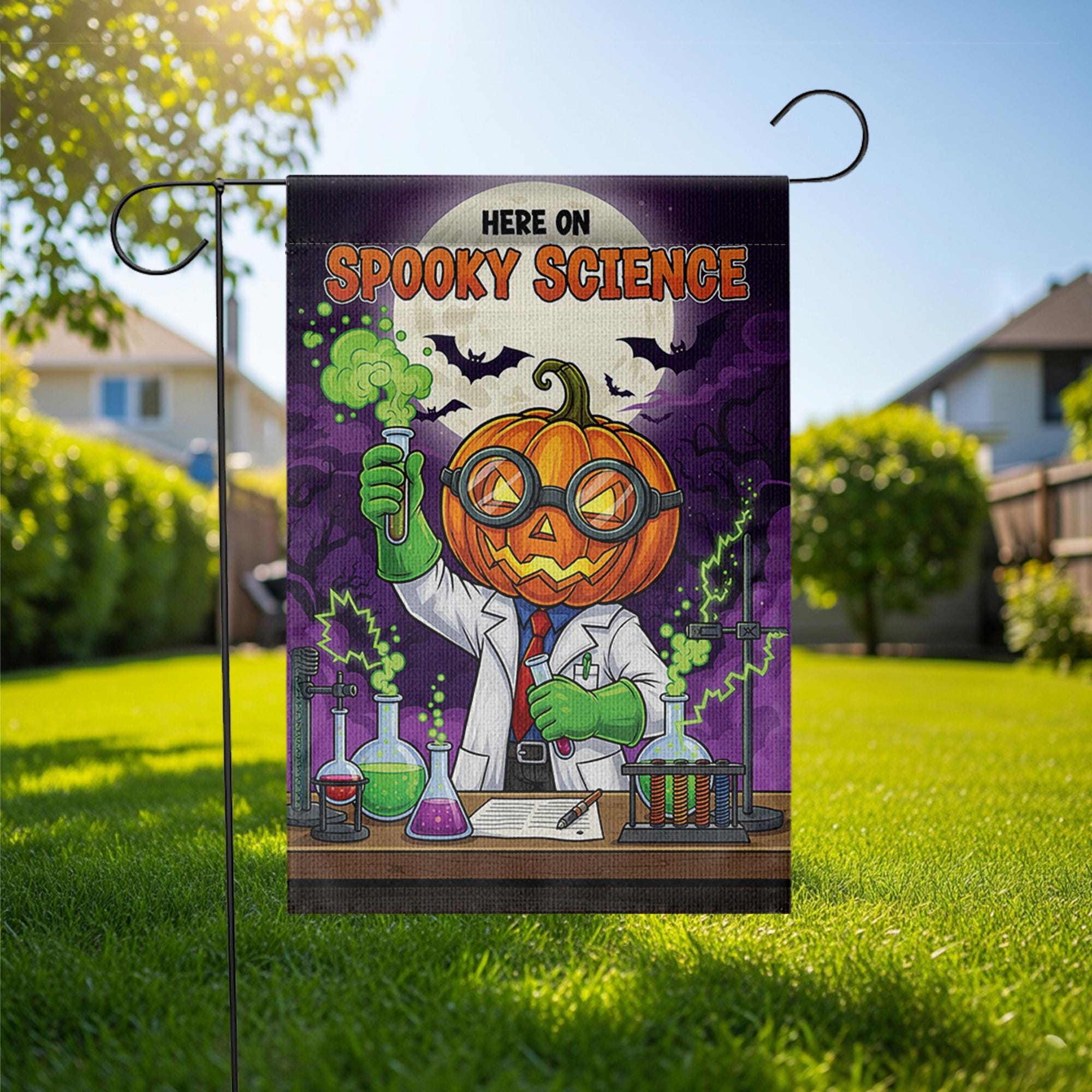 Spooky Science Garden Flag – Halloween Scientist Yard Decor, Pumpkin Head Lab Banner, Funny Chemistry Flag for Teachers & Classrooms