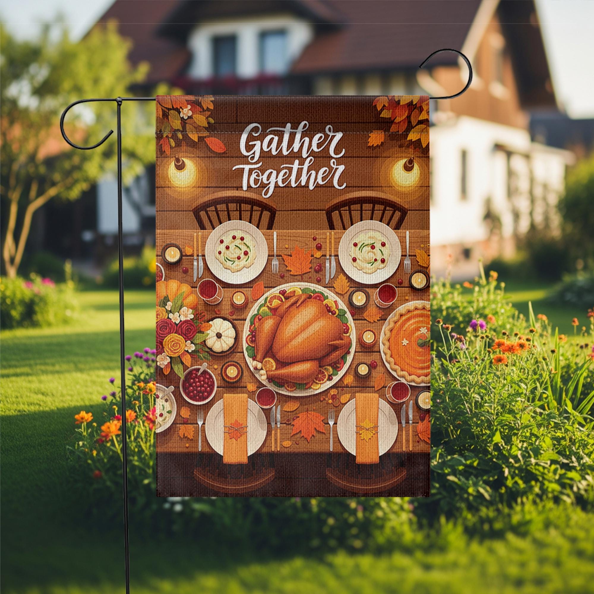 Gather Together Garden Flag – Thanksgiving Dinner Table Yard Decor, Fall Harvest Outdoor Banner, Autumn Family Welcome Flag