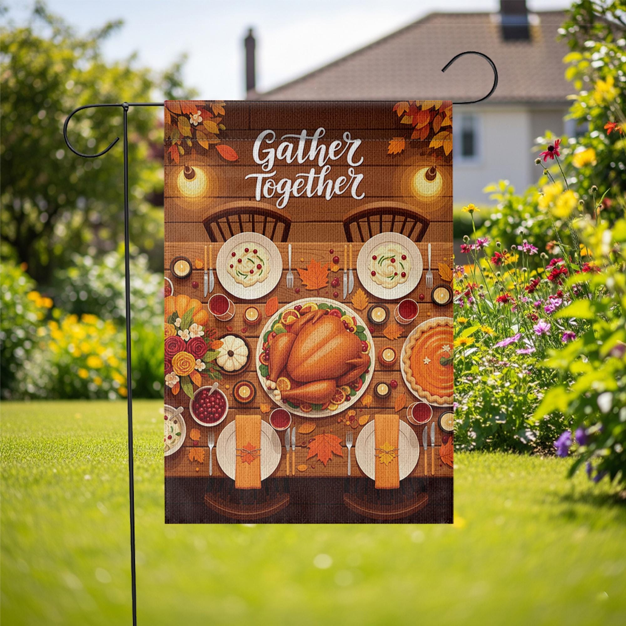 Gather Together Garden Flag – Thanksgiving Dinner Table Yard Decor, Fall Harvest Outdoor Banner, Autumn Family Welcome Flag