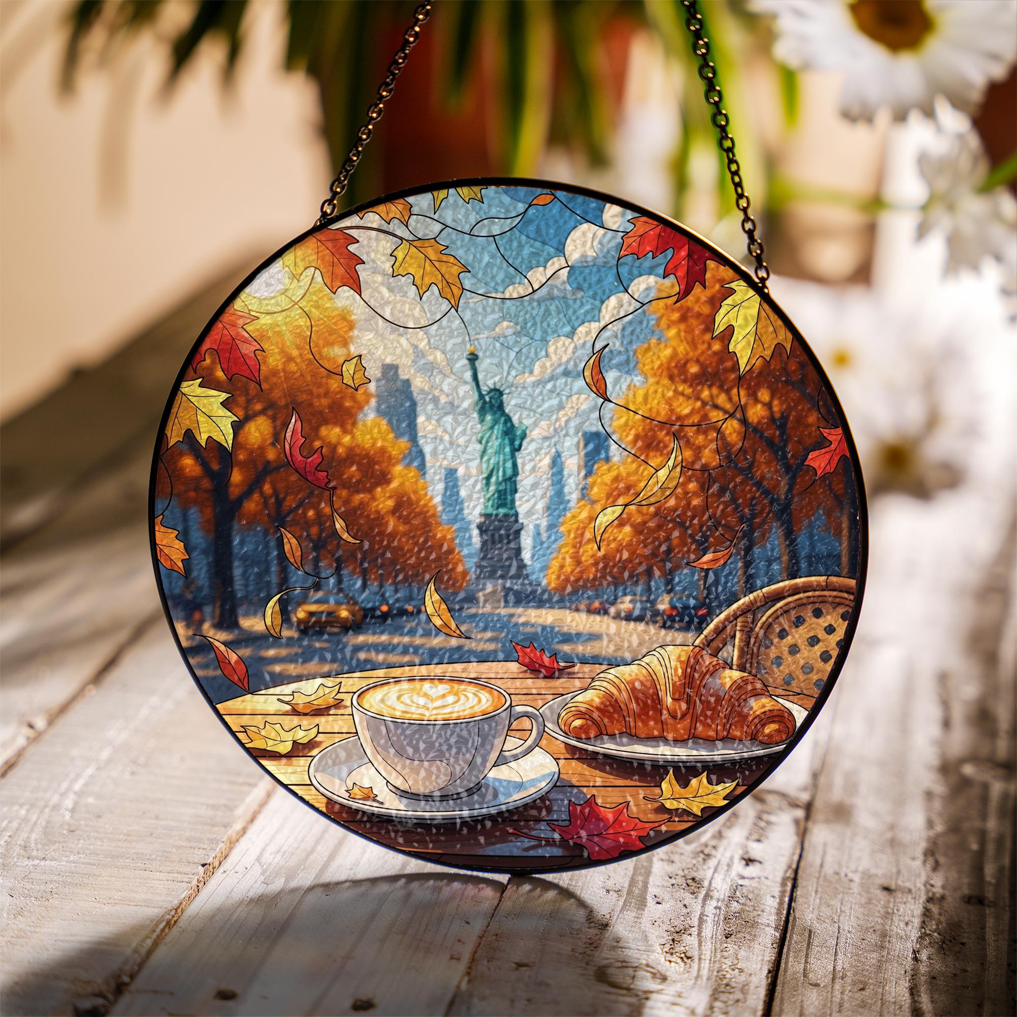 Fall Coffee Window Hanging – Statue of Liberty Suncatcher, Autumn NYC Stained Glass Decor, Croissant Café Window Sign