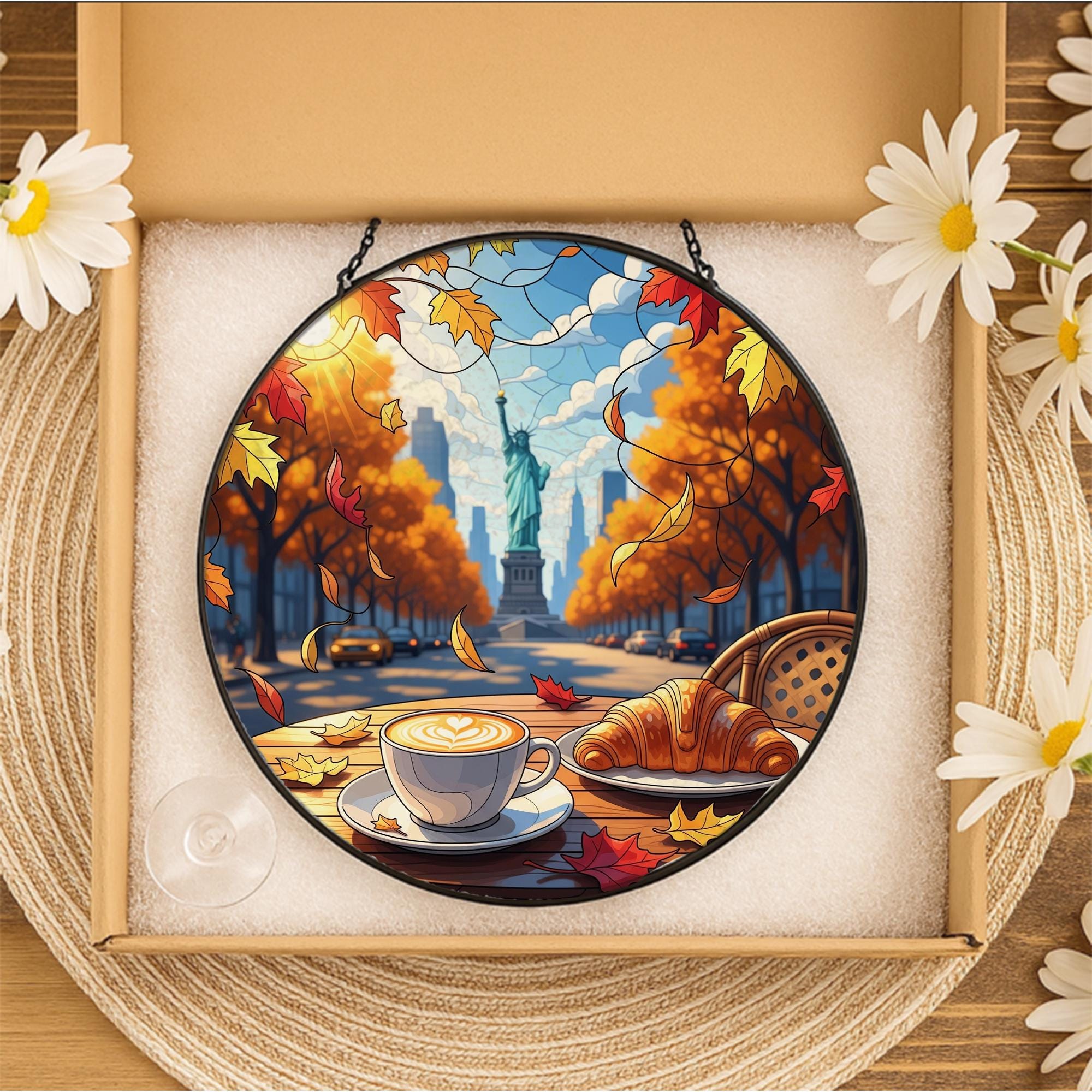 Fall Coffee Window Hanging – Statue of Liberty Suncatcher, Autumn NYC Stained Glass Decor, Croissant Café Window Sign