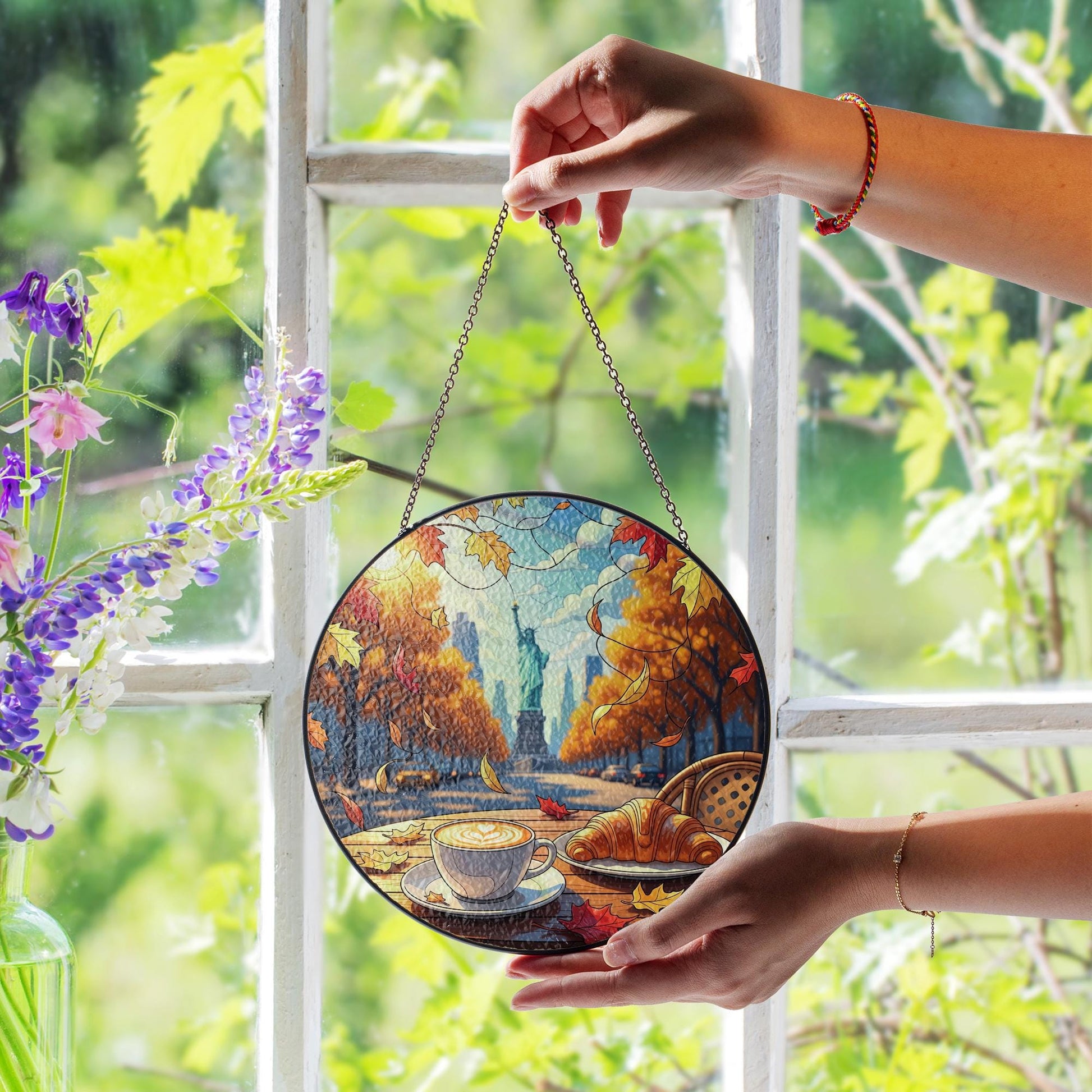 Fall Coffee Window Hanging – Statue of Liberty Suncatcher, Autumn NYC Stained Glass Decor, Croissant Café Window Sign