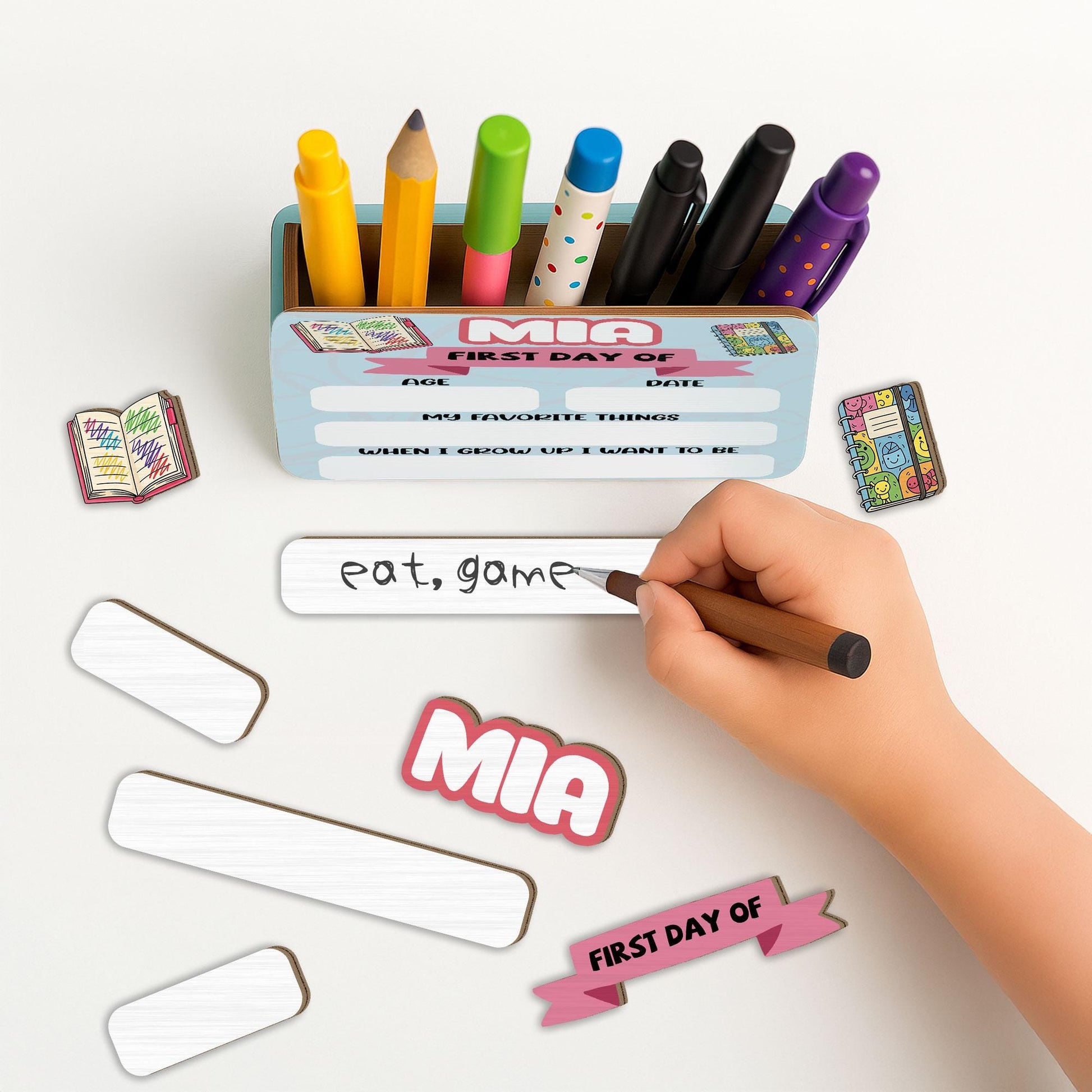 Personalized Wooden School Pencil Holder | Back to School Gift | Reusable Pen Organizer | Kids Desk Accessory | First Day of School Sign
