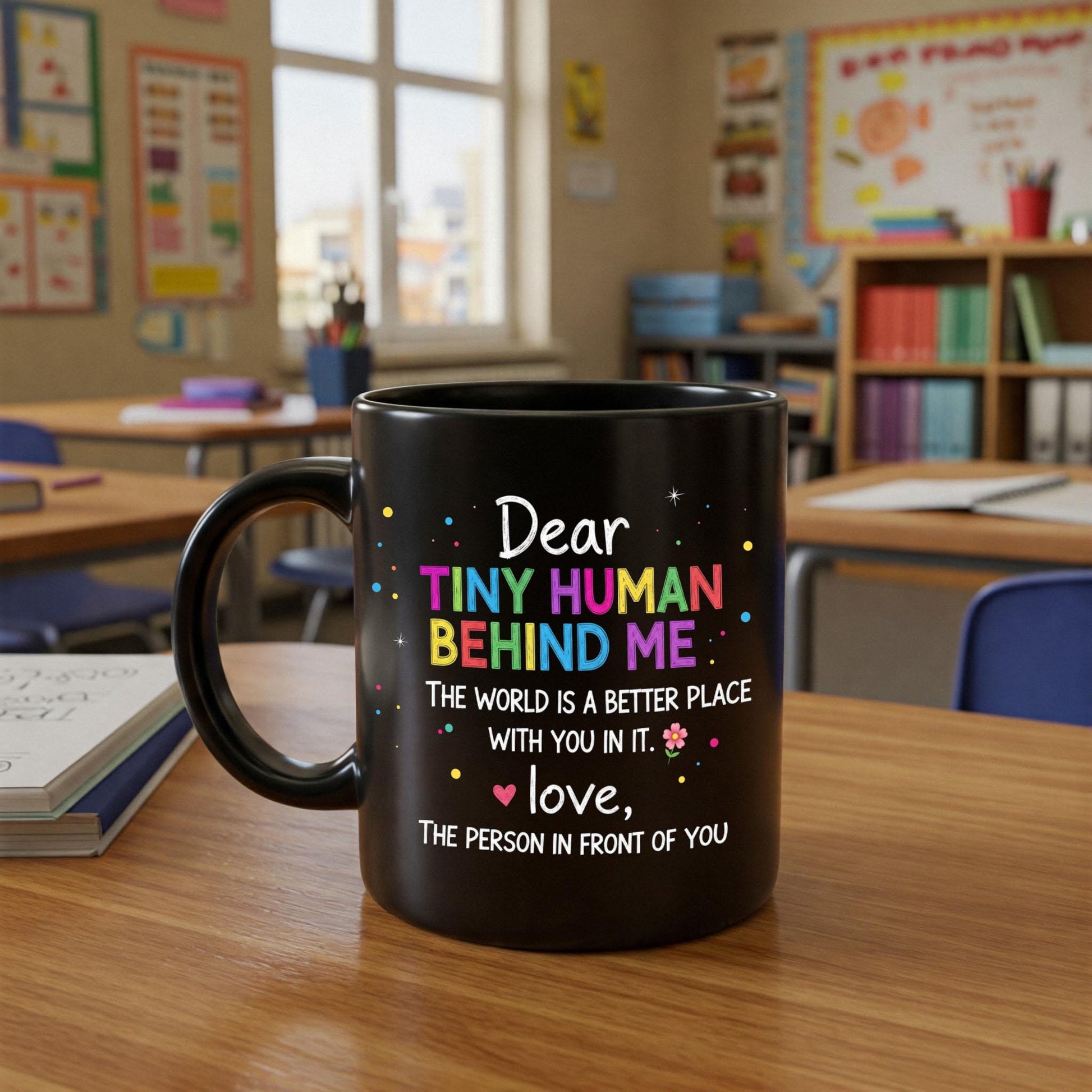 Cute Tiny Human Behind Me Mug, Teacher Appreciation Gift, Classroom Coffee Cup, Cute Student Gift, Black Motivational Teacher Mug
