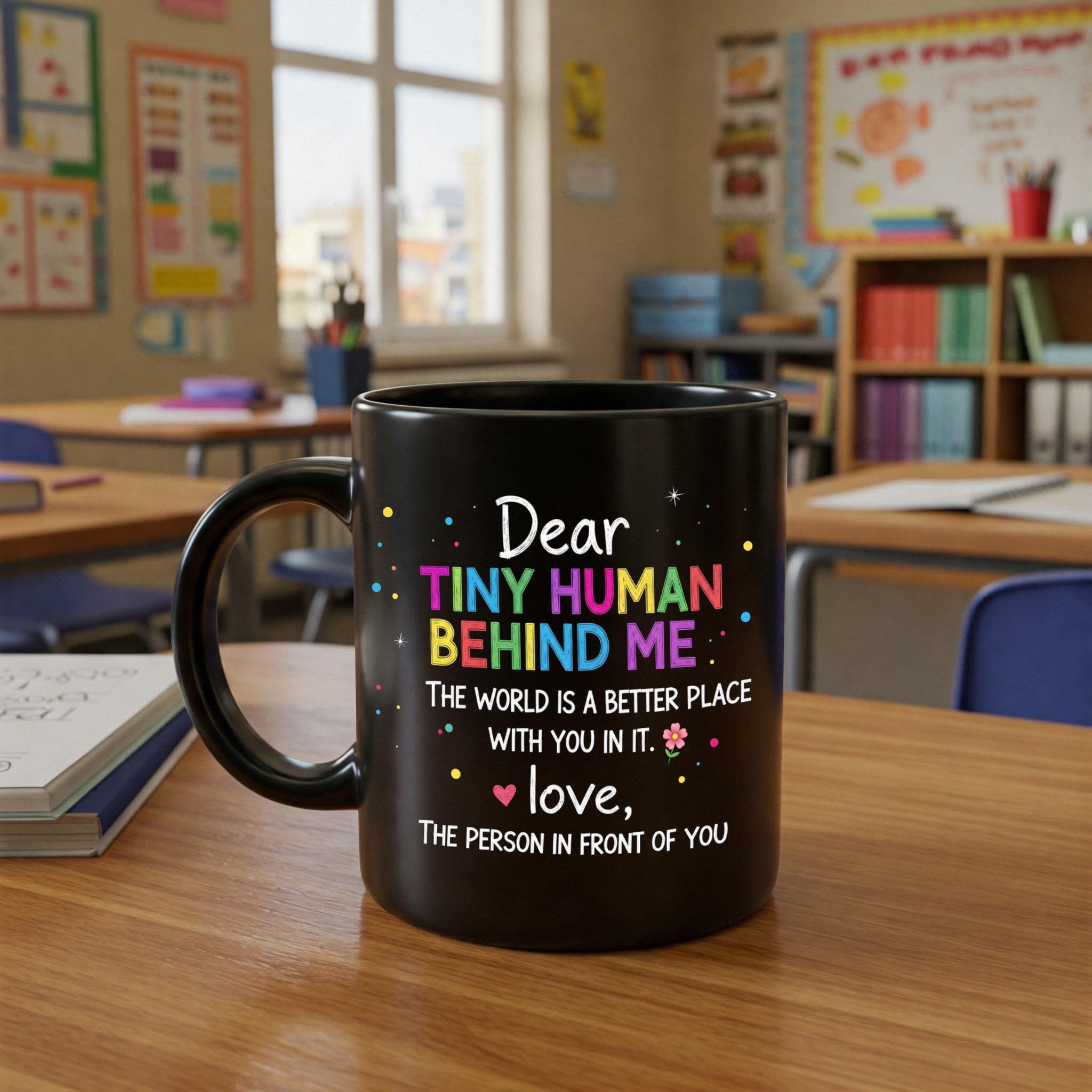 Cute Tiny Human Behind Me Mug, Teacher Appreciation Gift, Classroom Coffee Cup, Cute Student Gift, Black Motivational Teacher Mug