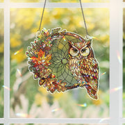 Owl Dreamcatcher Suncatcher – Fall Stained Glass Window Hanging, Autumn Owl Decor, Boho Woodland Leaf Sun Catcher Gift