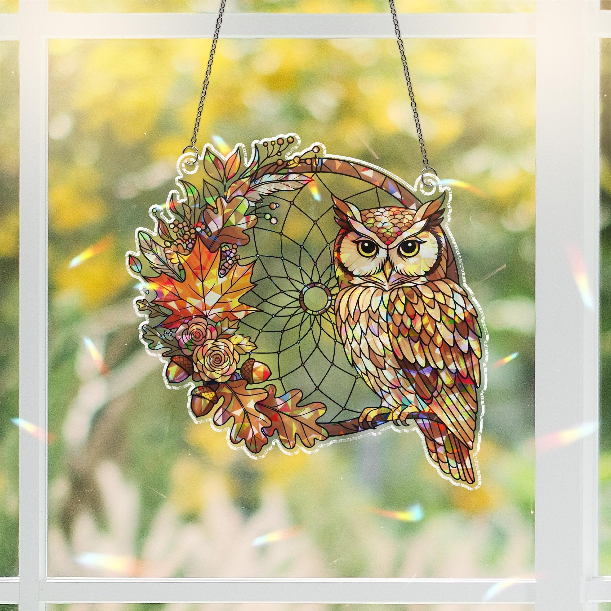 Owl Dreamcatcher Suncatcher – Fall Stained Glass Window Hanging, Autumn Owl Decor, Boho Woodland Leaf Sun Catcher Gift