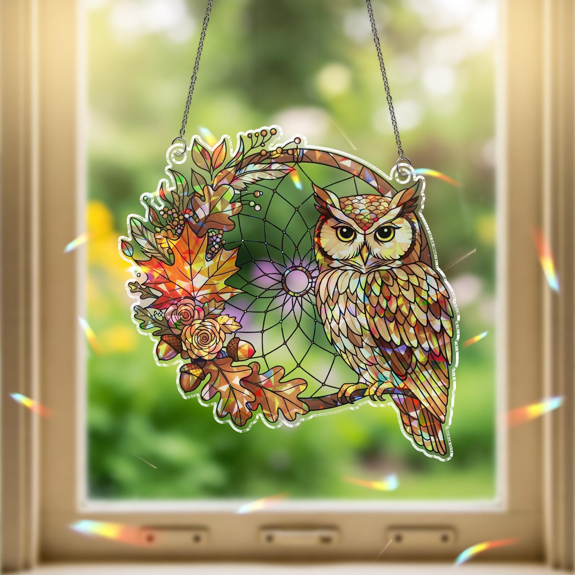 Owl Dreamcatcher Suncatcher – Fall Stained Glass Window Hanging, Autumn Owl Decor, Boho Woodland Leaf Sun Catcher Gift