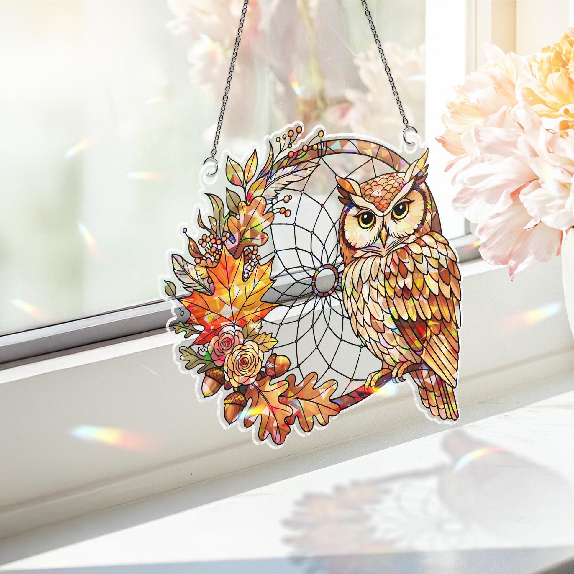 Owl Dreamcatcher Suncatcher – Fall Stained Glass Window Hanging, Autumn Owl Decor, Boho Woodland Leaf Sun Catcher Gift