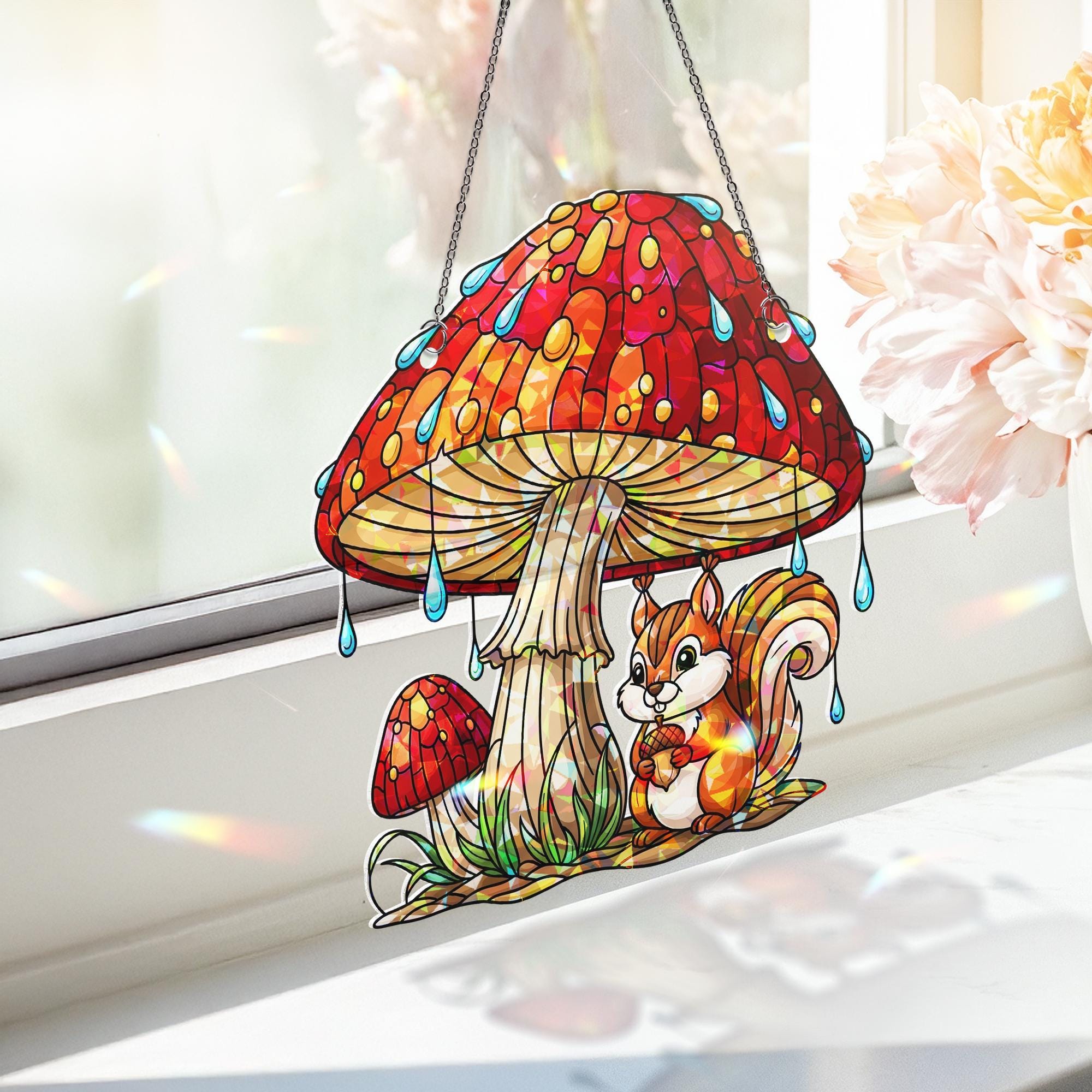 Squirrel Mushroom Suncatcher – Fall Stained Glass Window Hanging, Woodland Animal Decor, Cute Autumn Acorn Sun Catcher Gift