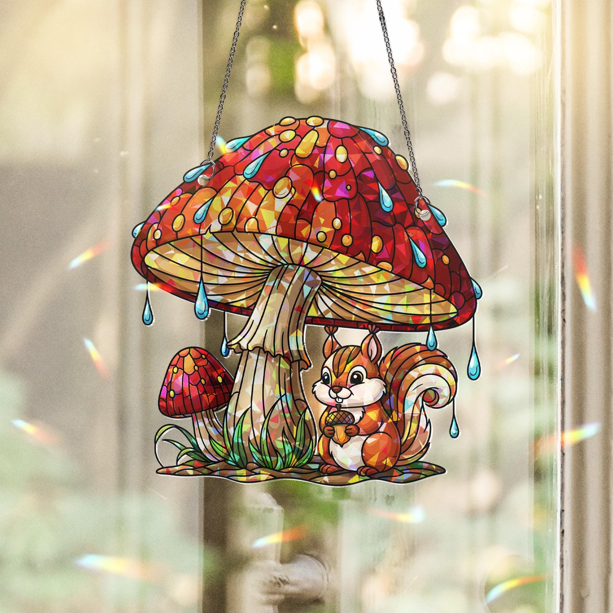 Squirrel Mushroom Suncatcher – Fall Stained Glass Window Hanging, Woodland Animal Decor, Cute Autumn Acorn Sun Catcher Gift