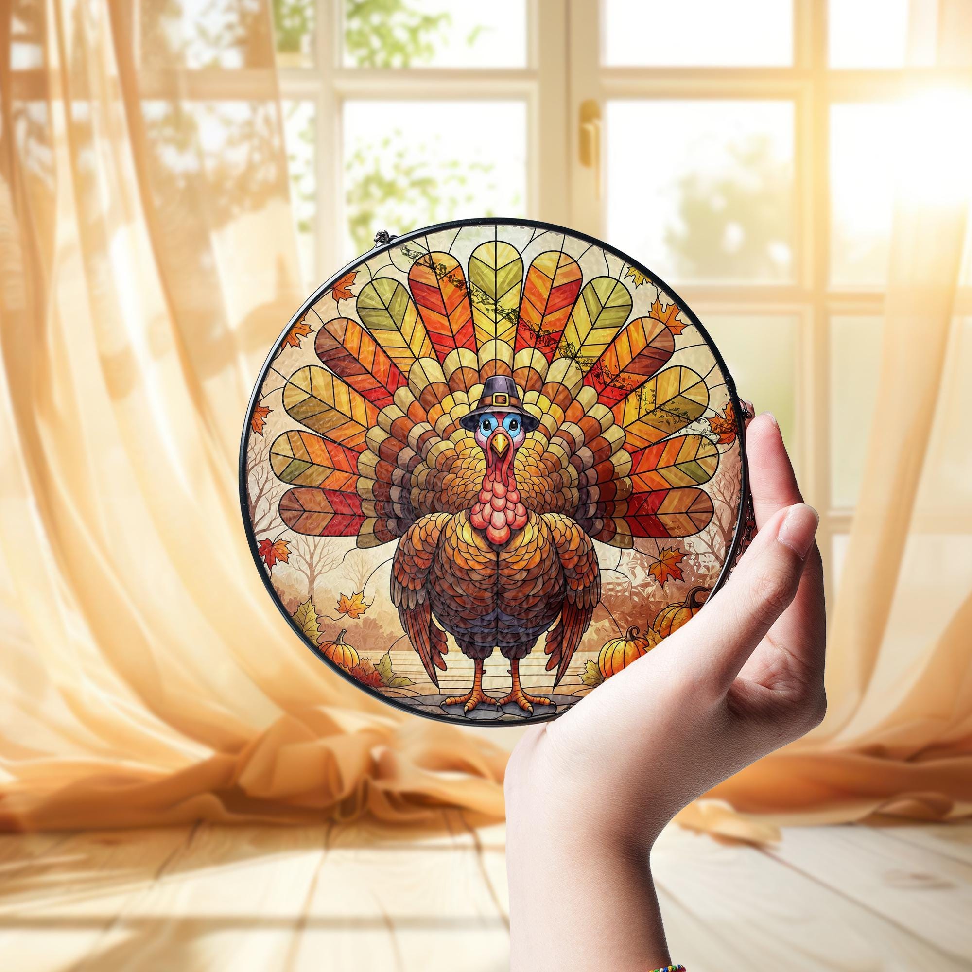 Thanksgiving Turkey Stained Glass Suncatcher | Fall Window Hanging Decor | Autumn Leaf Sun Catcher Ornament