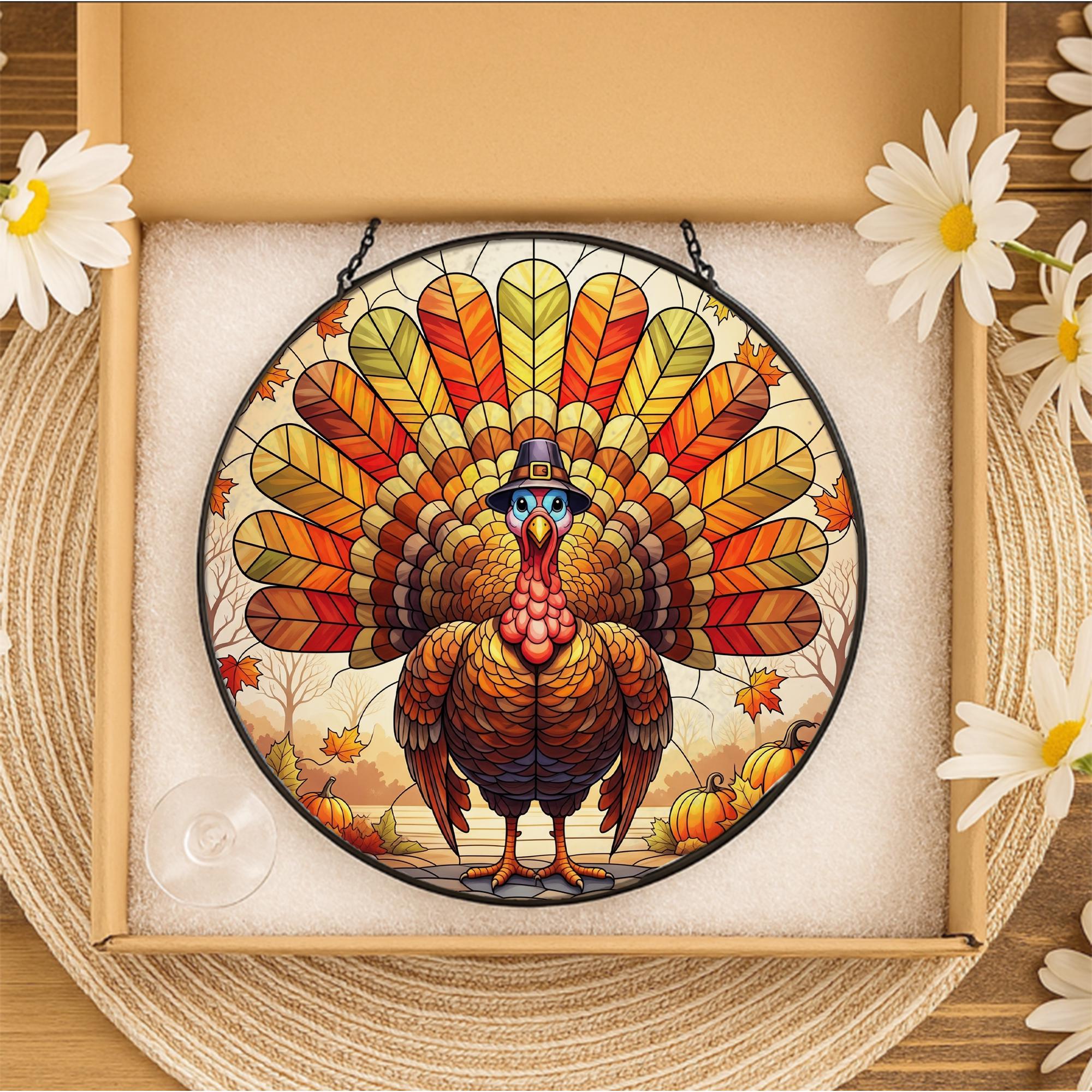Thanksgiving Turkey Stained Glass Suncatcher | Fall Window Hanging Decor | Autumn Leaf Sun Catcher Ornament
