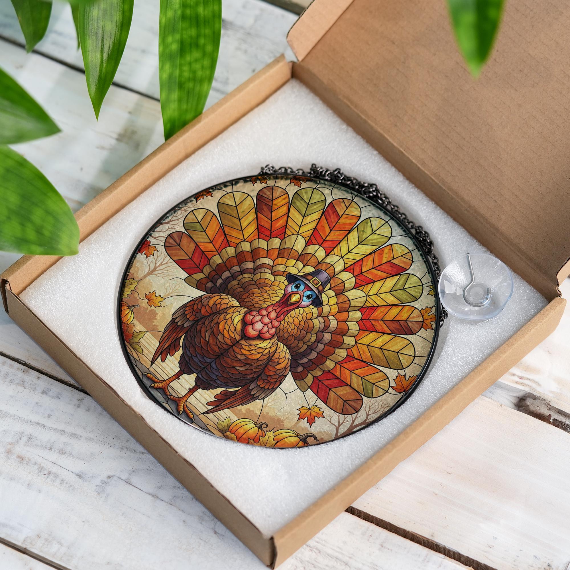 Thanksgiving Turkey Stained Glass Suncatcher | Fall Window Hanging Decor | Autumn Leaf Sun Catcher Ornament