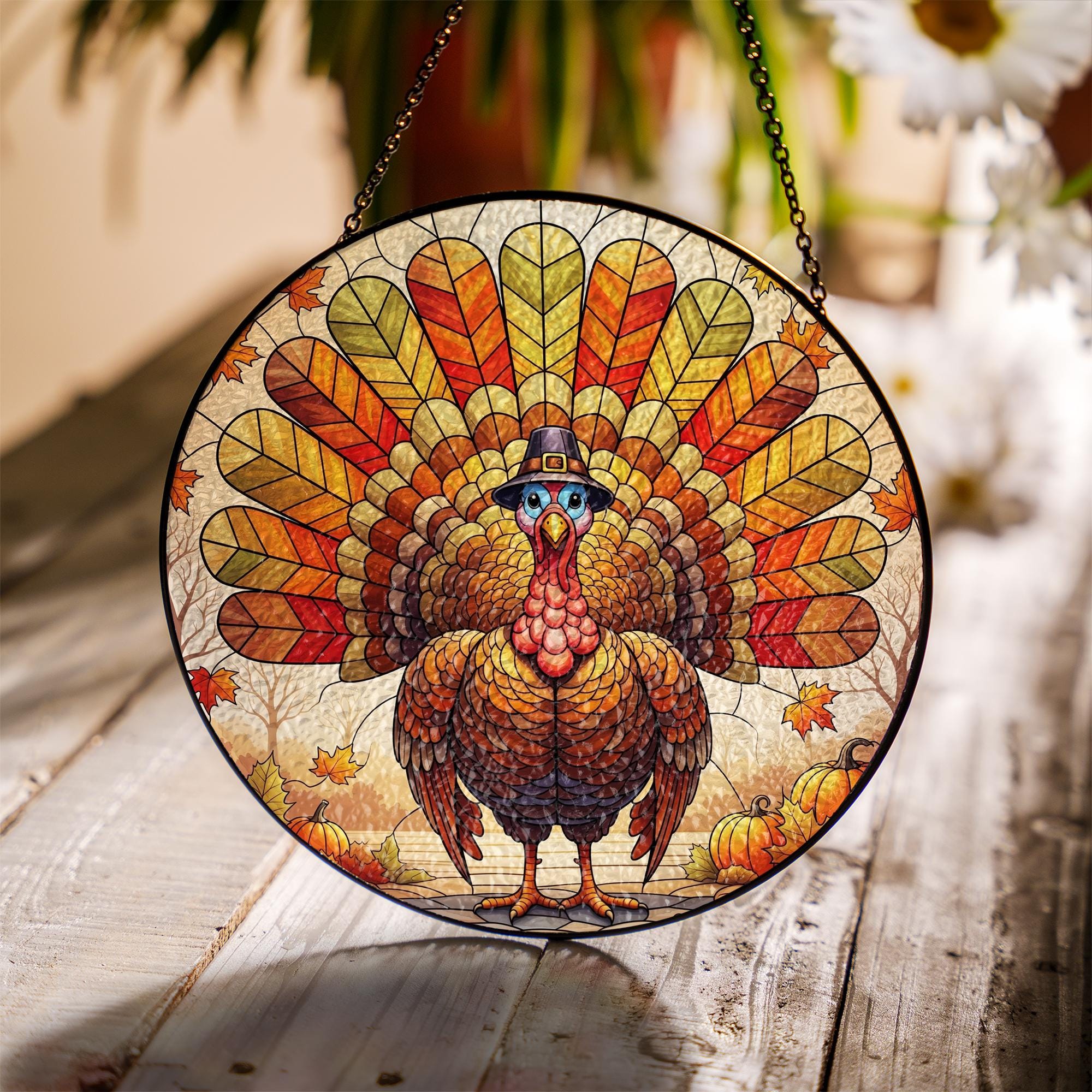 Thanksgiving Turkey Stained Glass Suncatcher | Fall Window Hanging Decor | Autumn Leaf Sun Catcher Ornament