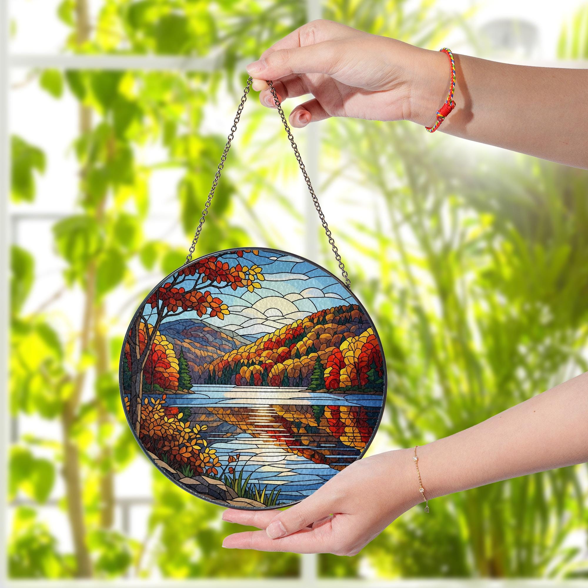 Autumn Lake Faux Stained Glass Suncatcher - Fall Foliage Mountain Scene Window Hanging, Cozy Nature Decor for Rustic Seasonal Homes