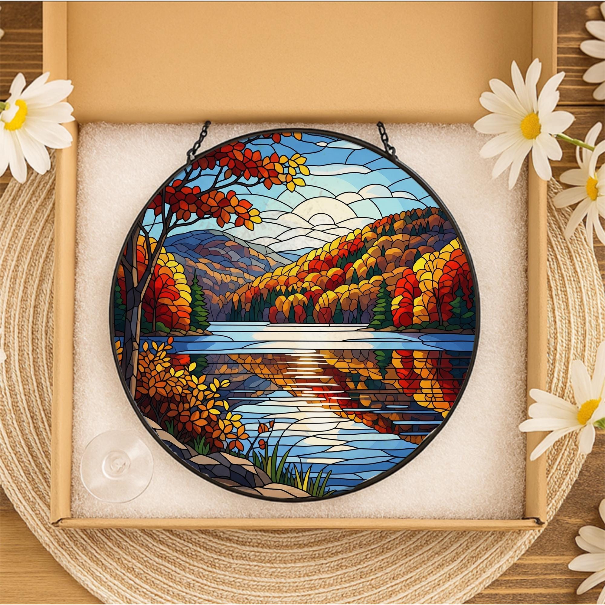 Autumn Lake Faux Stained Glass Suncatcher - Fall Foliage Mountain Scene Window Hanging, Cozy Nature Decor for Rustic Seasonal Homes