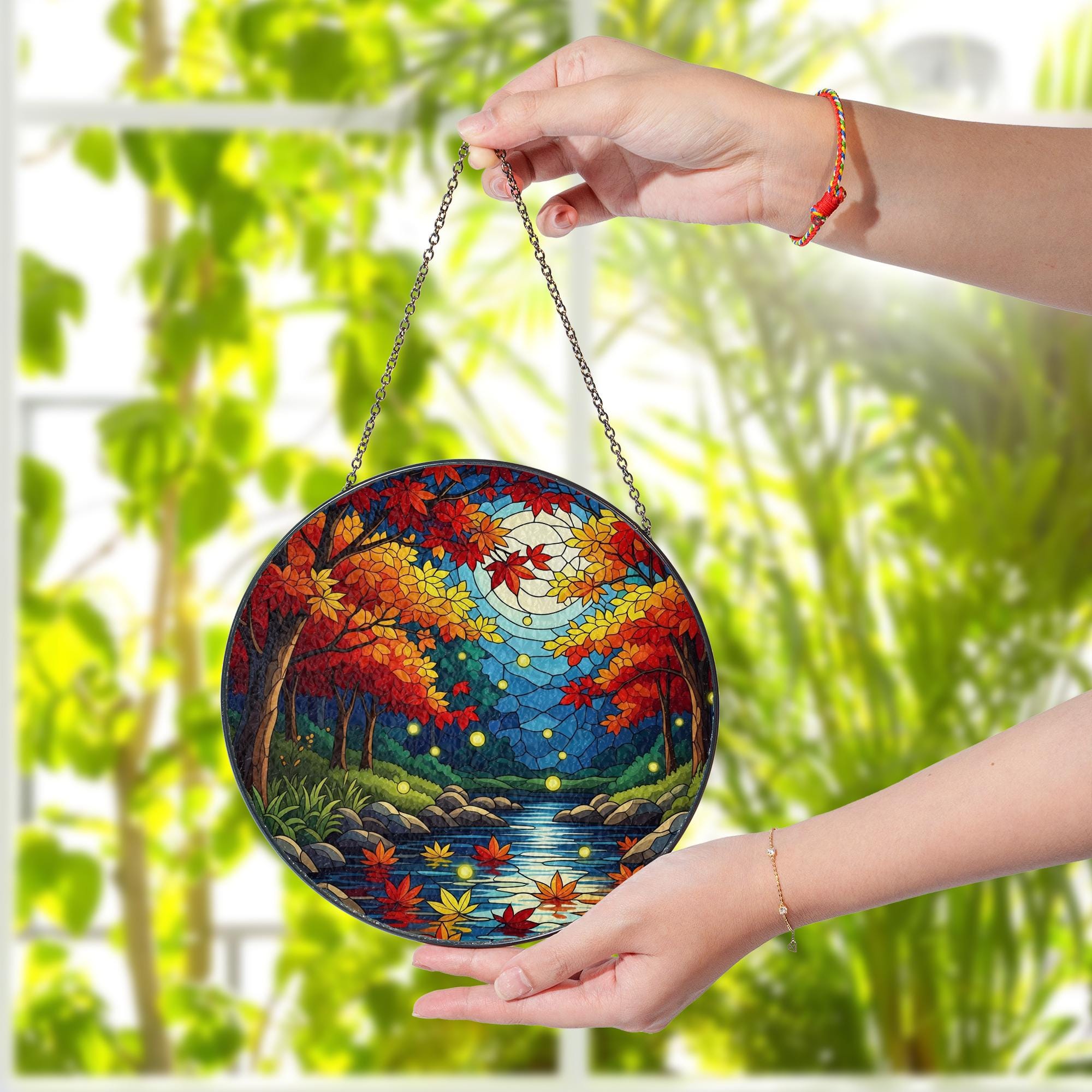 Autumn Forest Moon Suncatcher - Faux Stained Glass Fall Window Decor, Firefly Night River Scene Hanging for Cozy Woodland Vibes