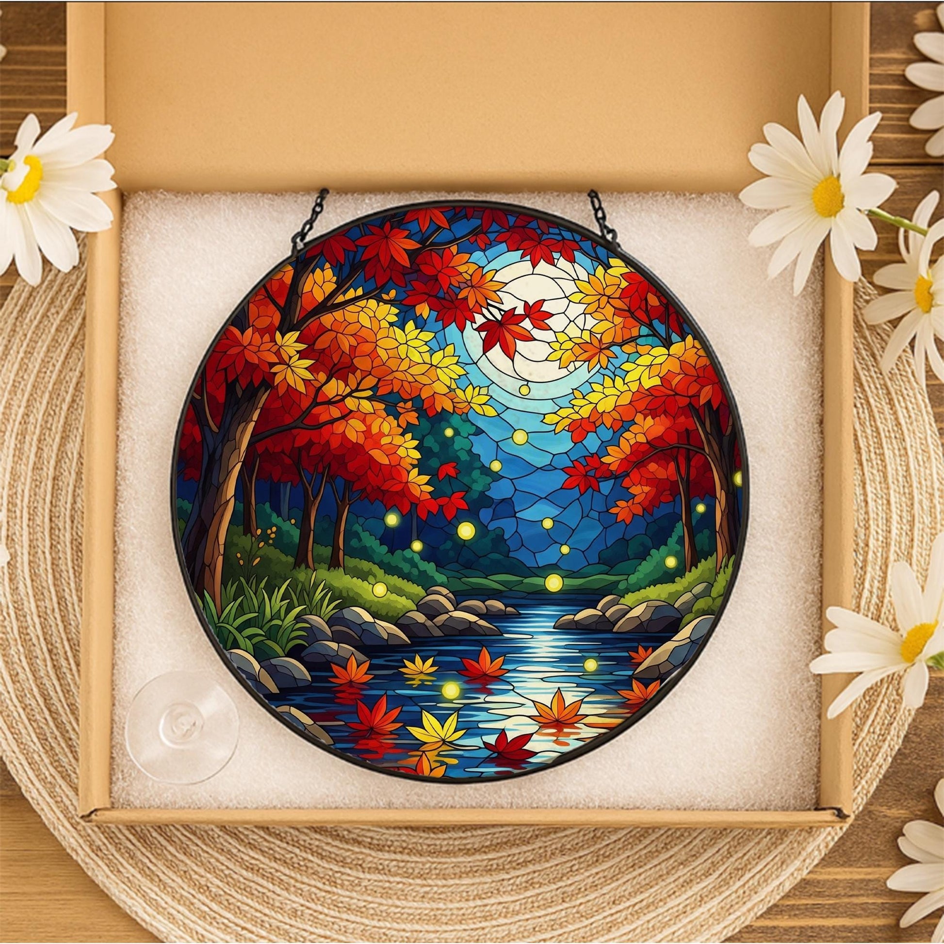 Autumn Forest Moon Suncatcher - Faux Stained Glass Fall Window Decor, Firefly Night River Scene Hanging for Cozy Woodland Vibes