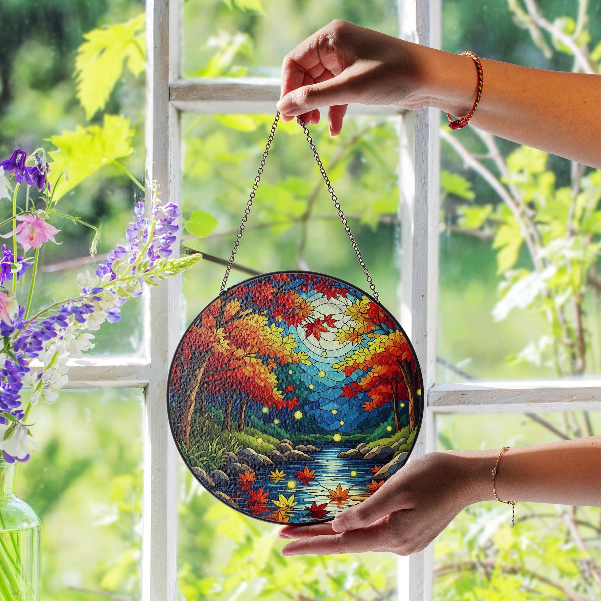 Autumn Forest Moon Suncatcher - Faux Stained Glass Fall Window Decor, Firefly Night River Scene Hanging for Cozy Woodland Vibes