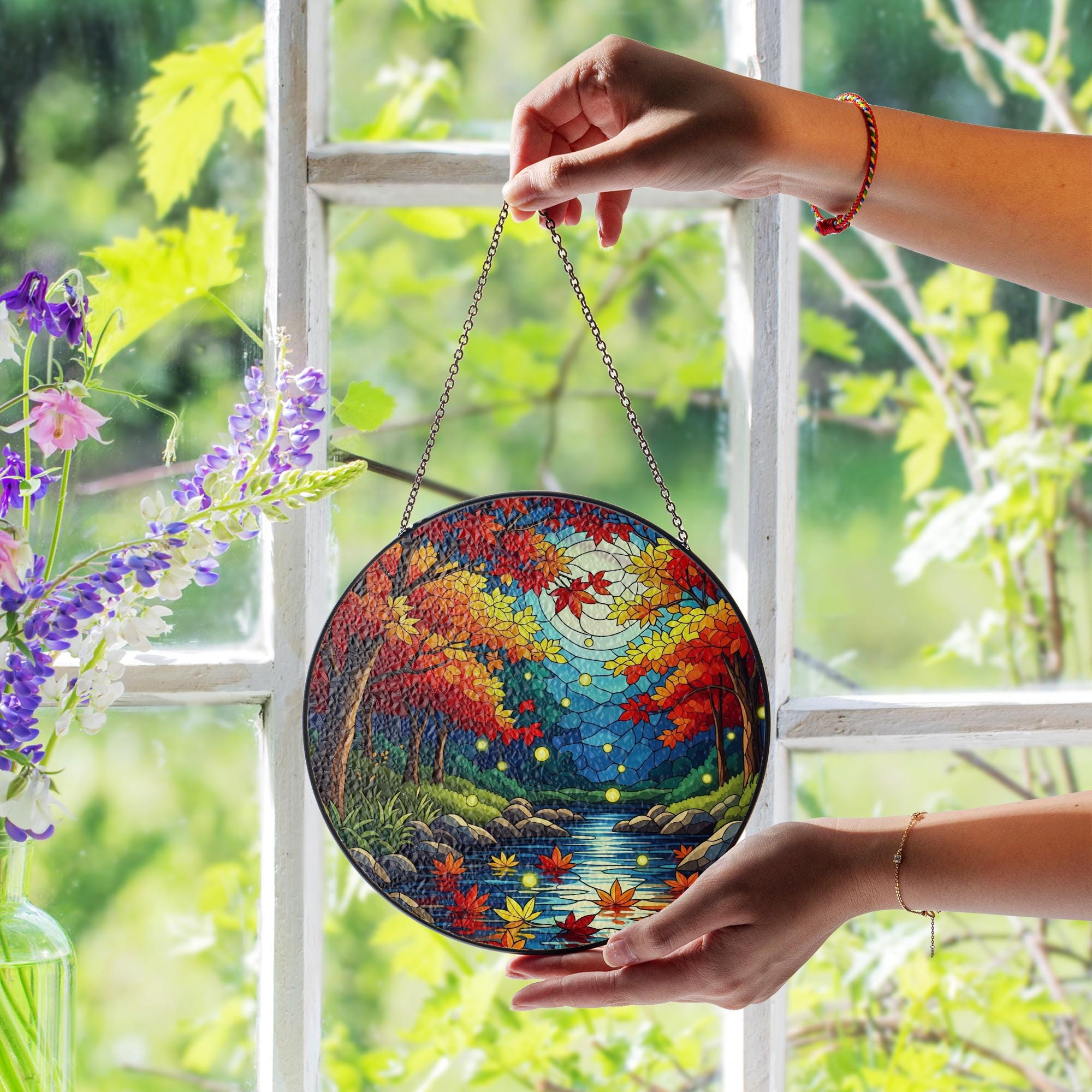 Autumn Forest Moon Suncatcher - Faux Stained Glass Fall Window Decor, Firefly Night River Scene Hanging for Cozy Woodland Vibes