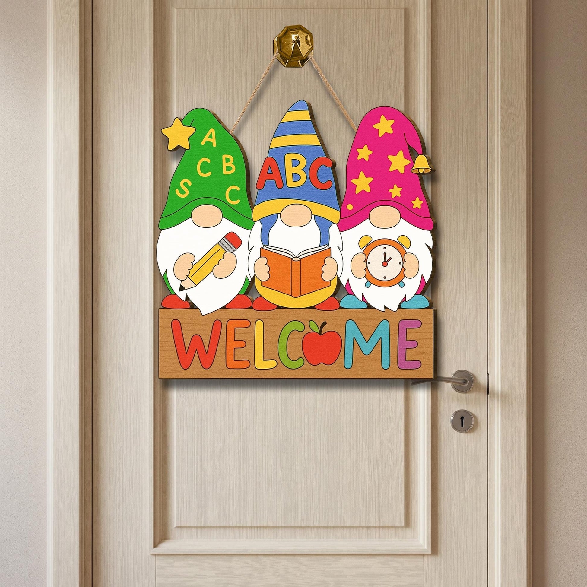 Back to School Gnome Door Sign, Classroom Welcome Wooden Hanging Decor, Teacher ABC Pencil Book Apple Sign, First Day Classroom Gift