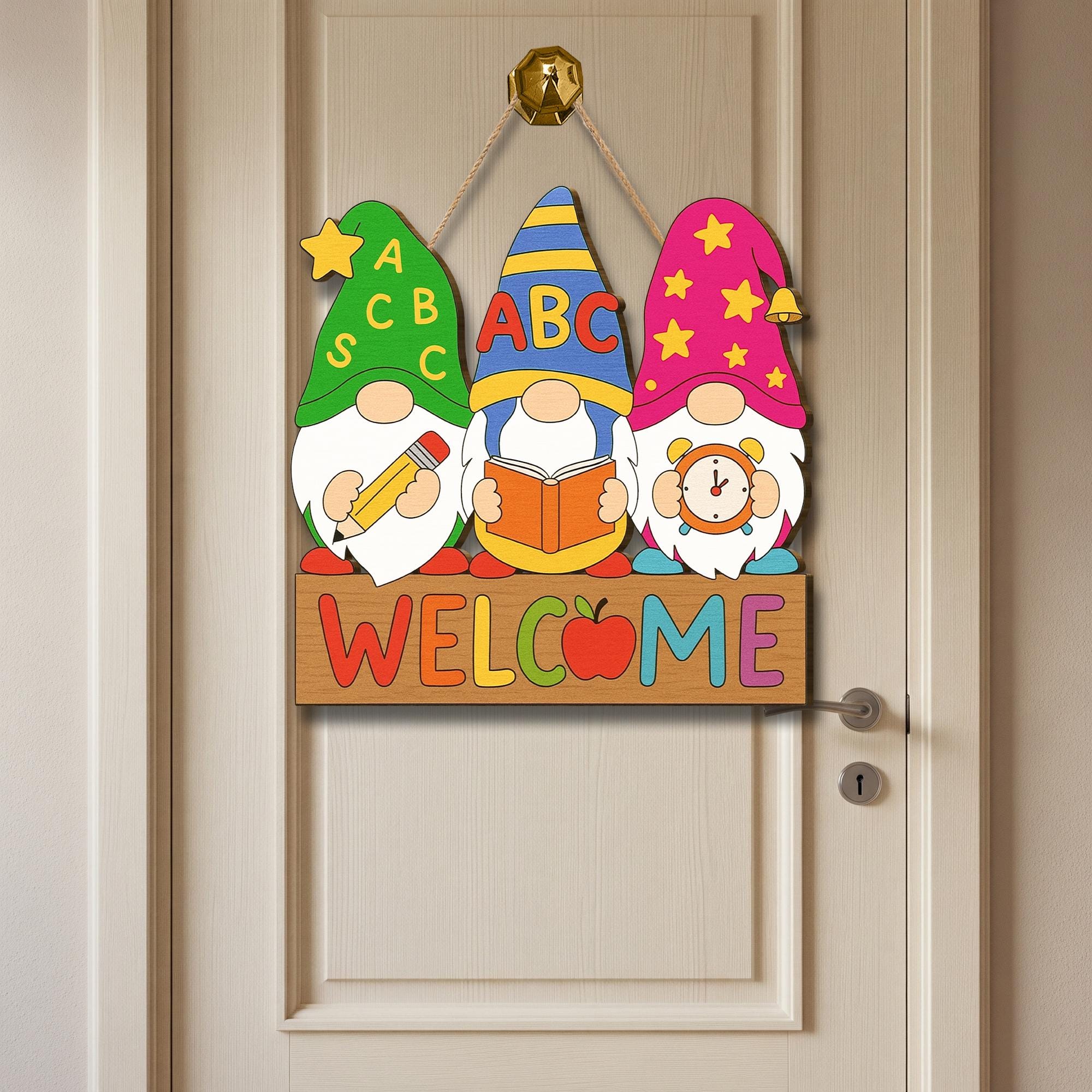 Back to School Gnome Door Sign, Classroom Welcome Wooden Hanging Decor, Teacher ABC Pencil Book Apple Sign, First Day Classroom Gift