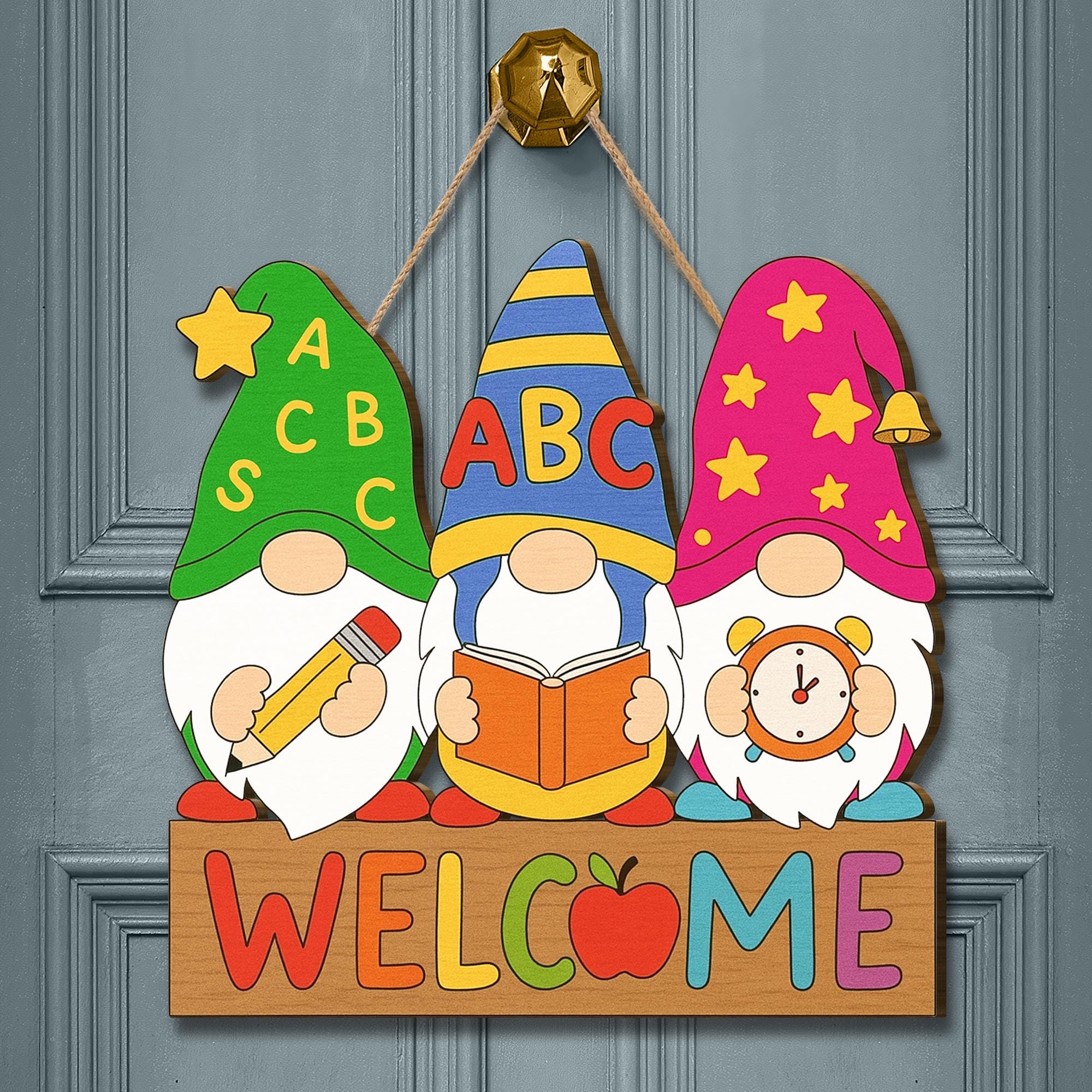 Back to School Gnome Door Sign, Classroom Welcome Wooden Hanging Decor, Teacher ABC Pencil Book Apple Sign, First Day Classroom Gift