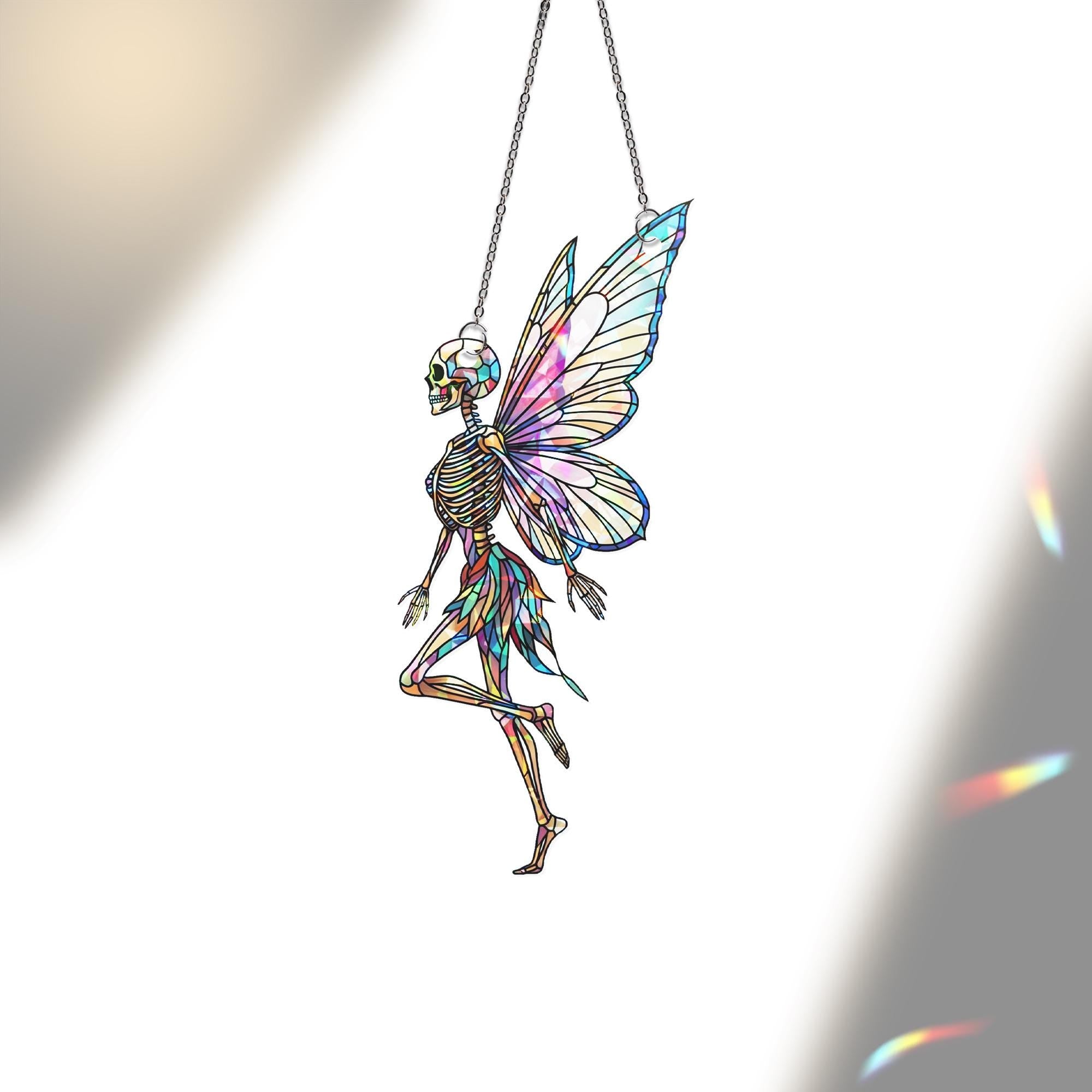 Skeleton Fairy Window Hanging - Gothic Holographic Stained Glass Look Suncatcher, Spooky Cute Halloween Fantasy Decor for Home