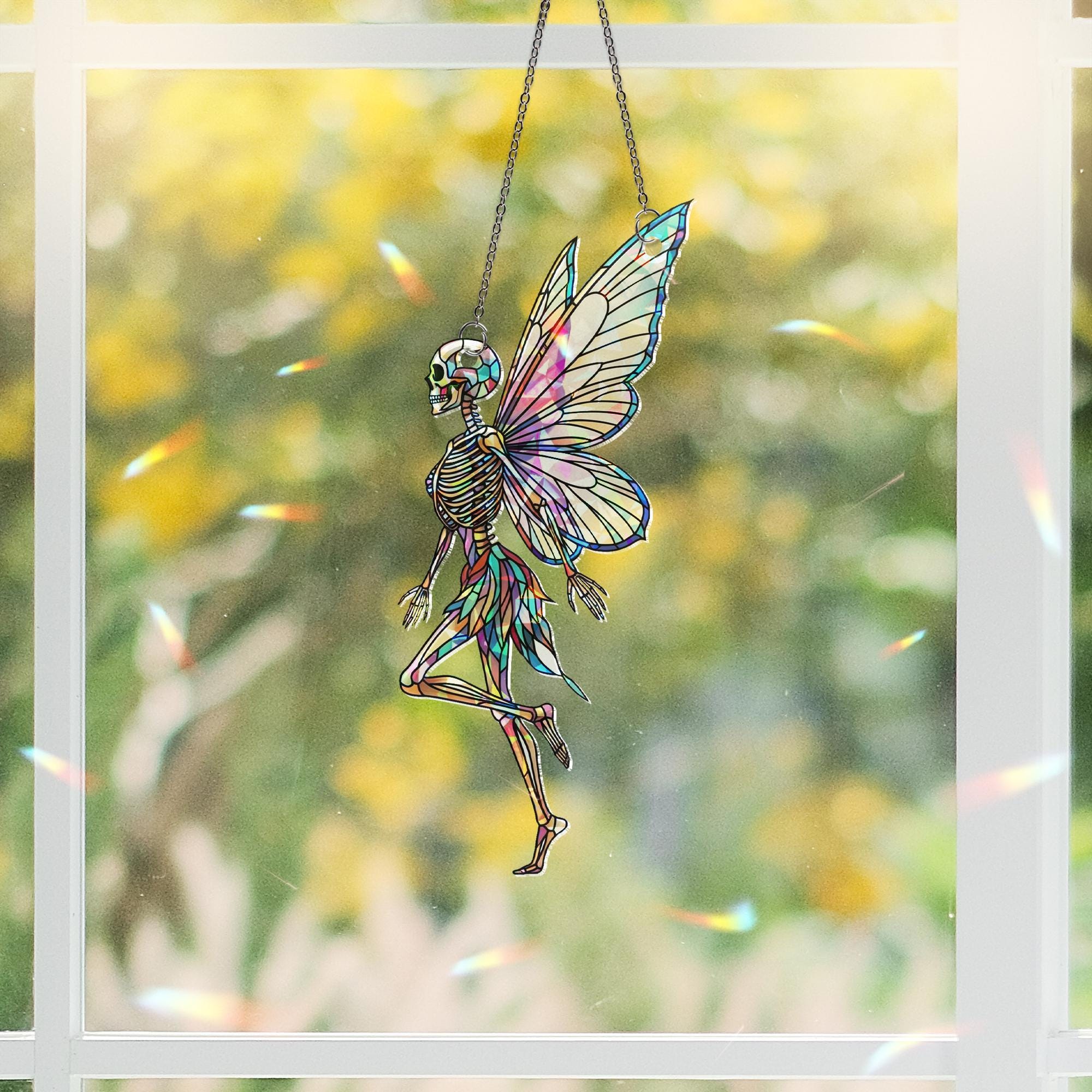 Skeleton Fairy Window Hanging - Gothic Holographic Stained Glass Look Suncatcher, Spooky Cute Halloween Fantasy Decor for Home