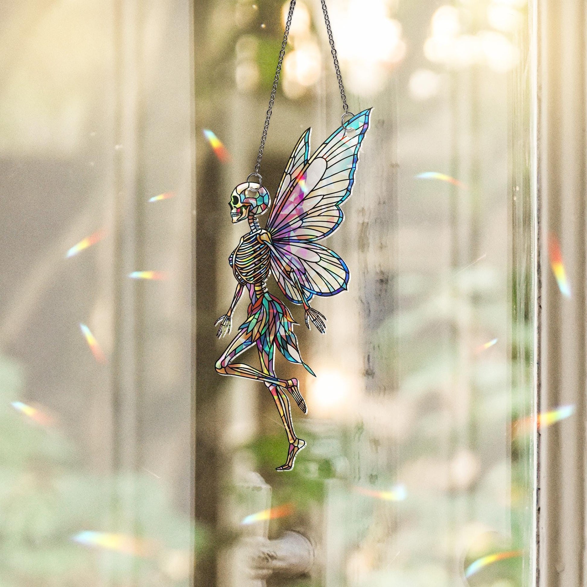 Skeleton Fairy Window Hanging - Gothic Holographic Stained Glass Look Suncatcher, Spooky Cute Halloween Fantasy Decor for Home