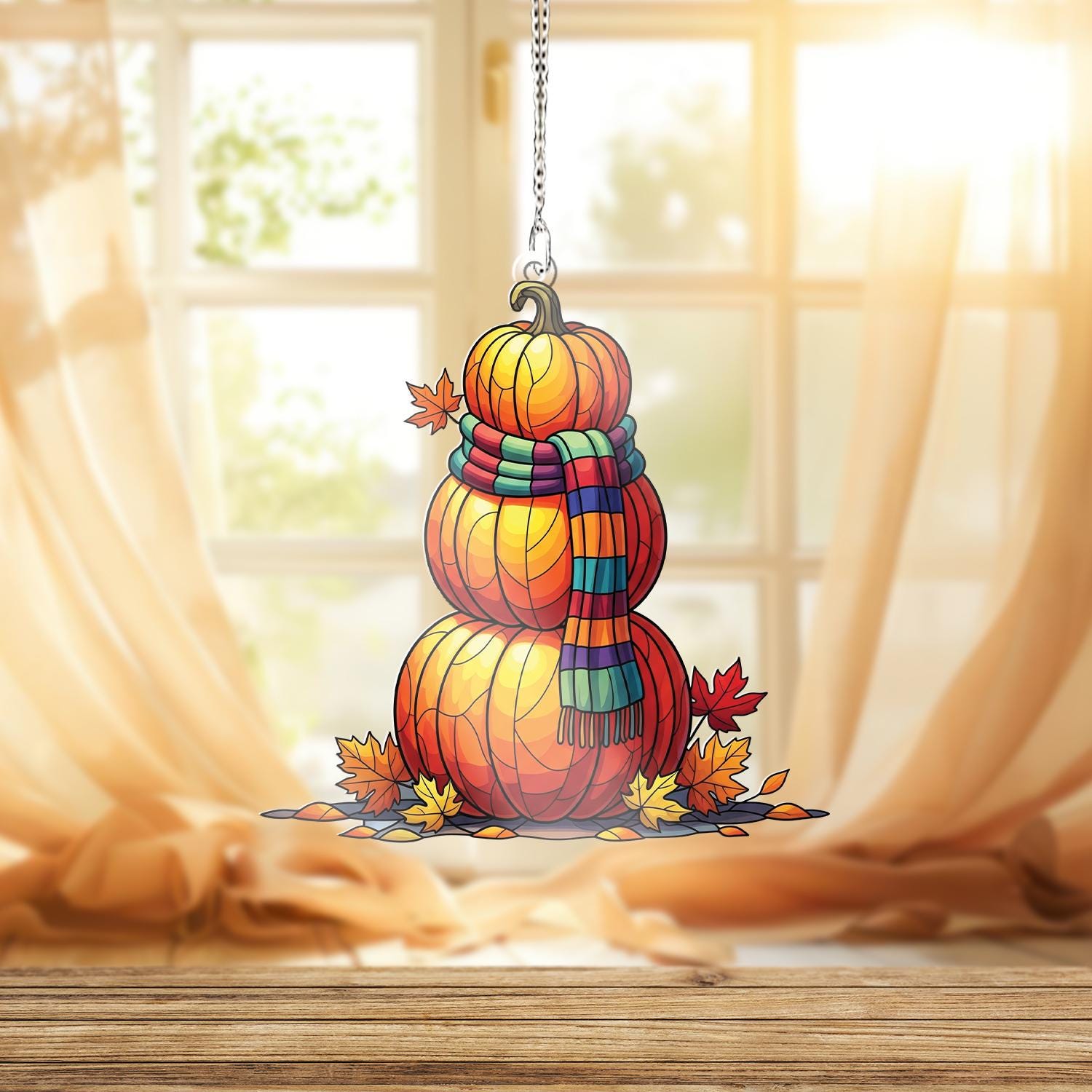 Pumpkin Snowman Window Hanging – Faux Stained Glass Fall Suncatcher, Autumn Leaf Decor, Cozy Harvest Thanksgiving Home Decoration