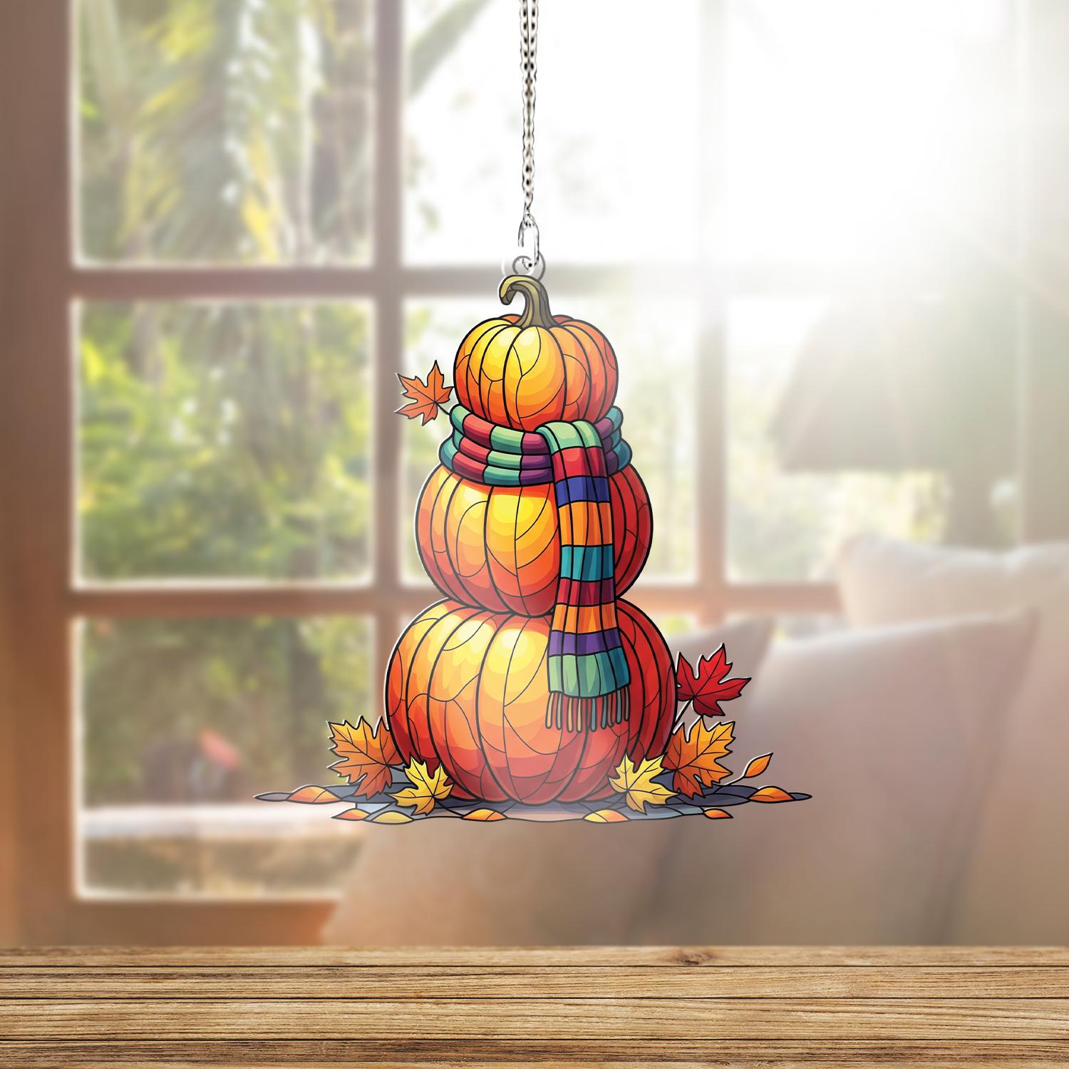 Pumpkin Snowman Window Hanging – Faux Stained Glass Fall Suncatcher, Autumn Leaf Decor, Cozy Harvest Thanksgiving Home Decoration